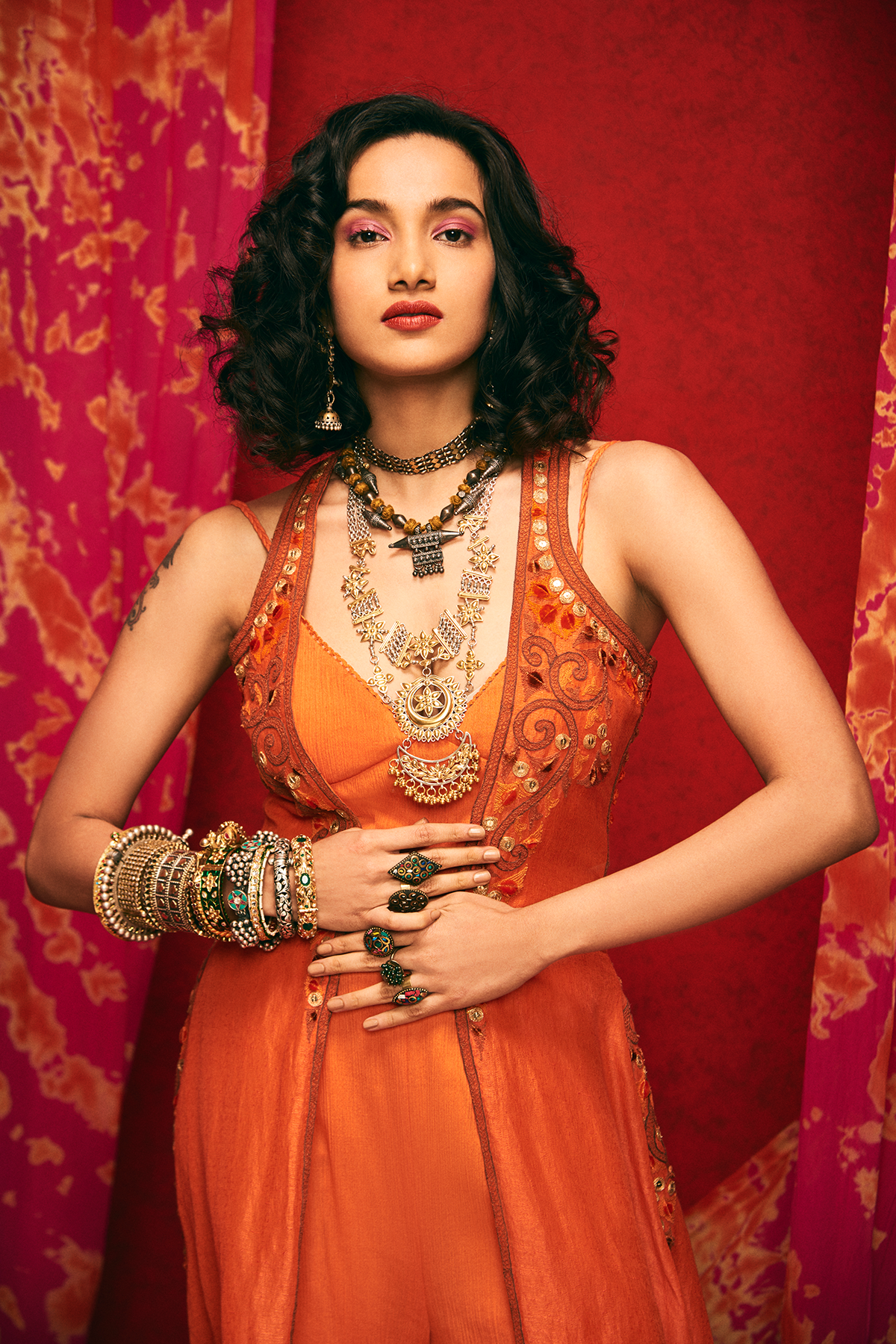 Orange Sleeveless Embroidered Jacket