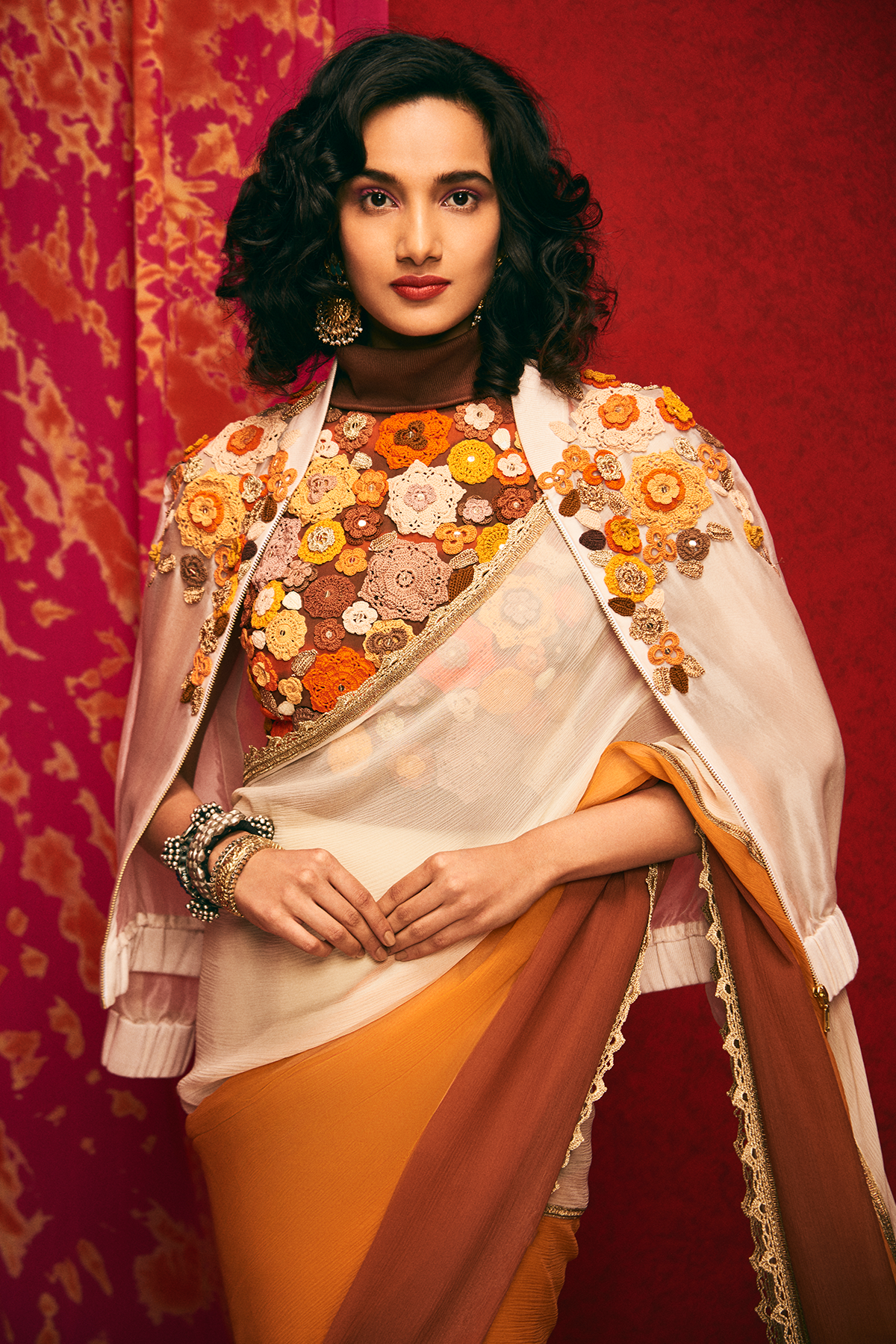 Beige Organza Bomber Jacket