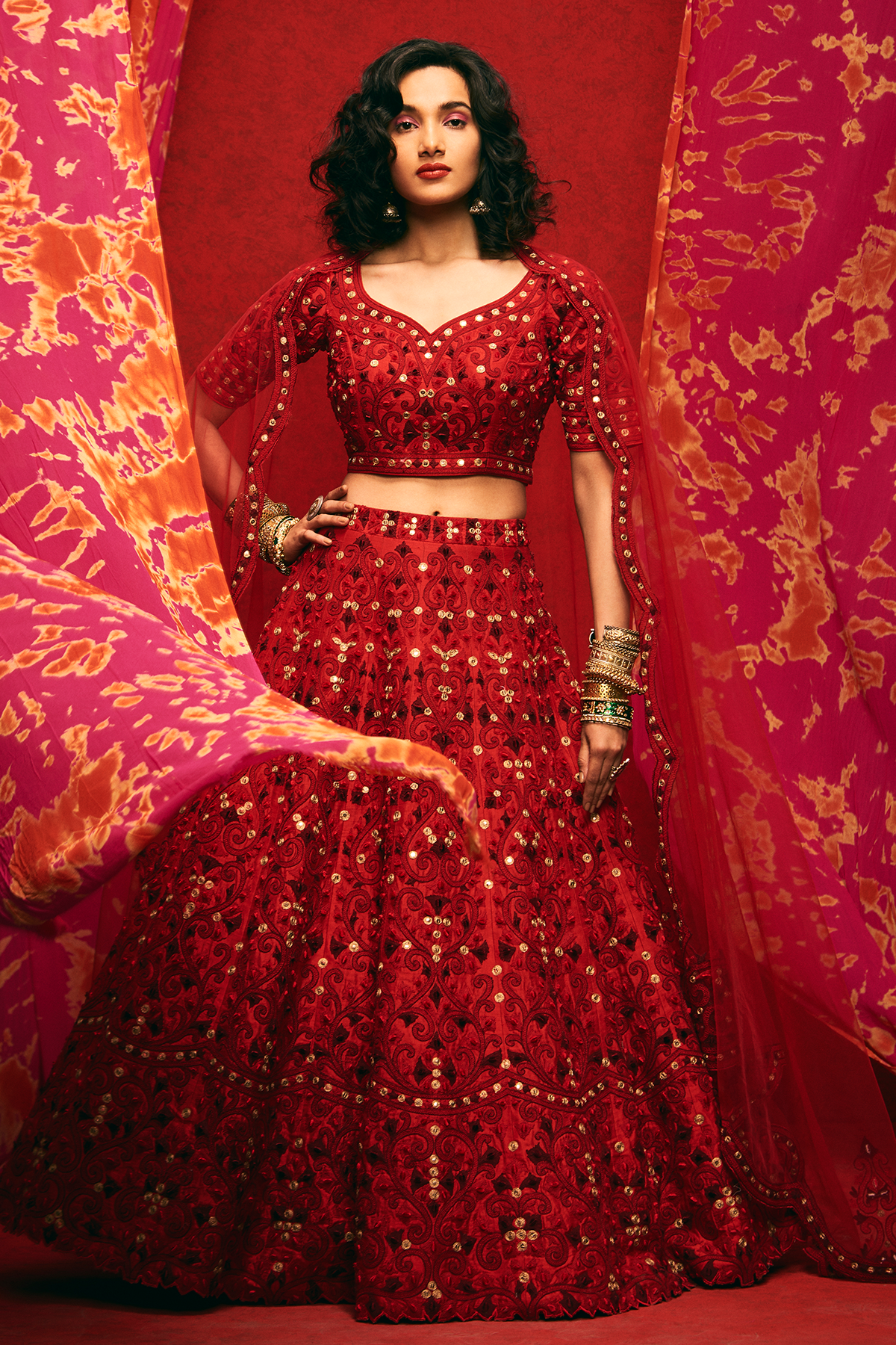 Deep Cherry Red Raw Silk Lehenga Set Frontview