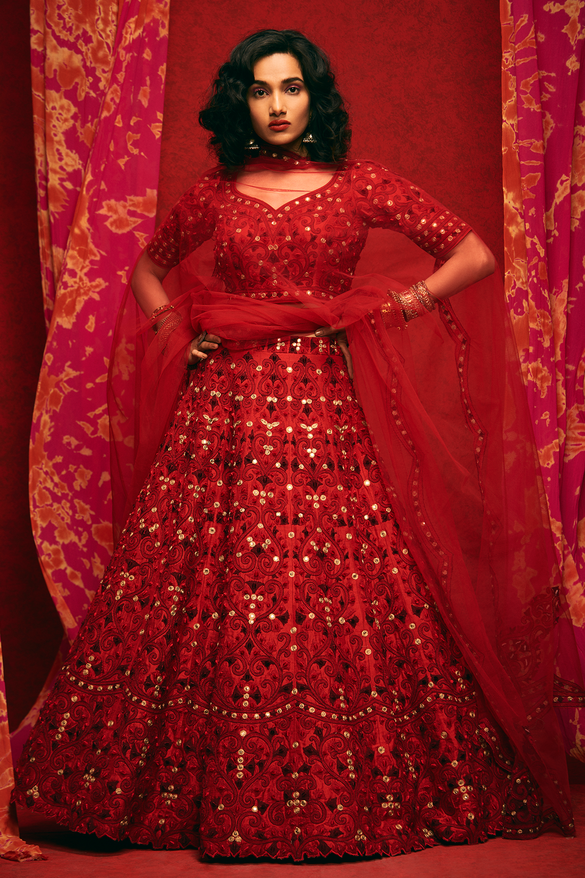 Deep Cherry Red Raw Silk Lehenga Set Frontview