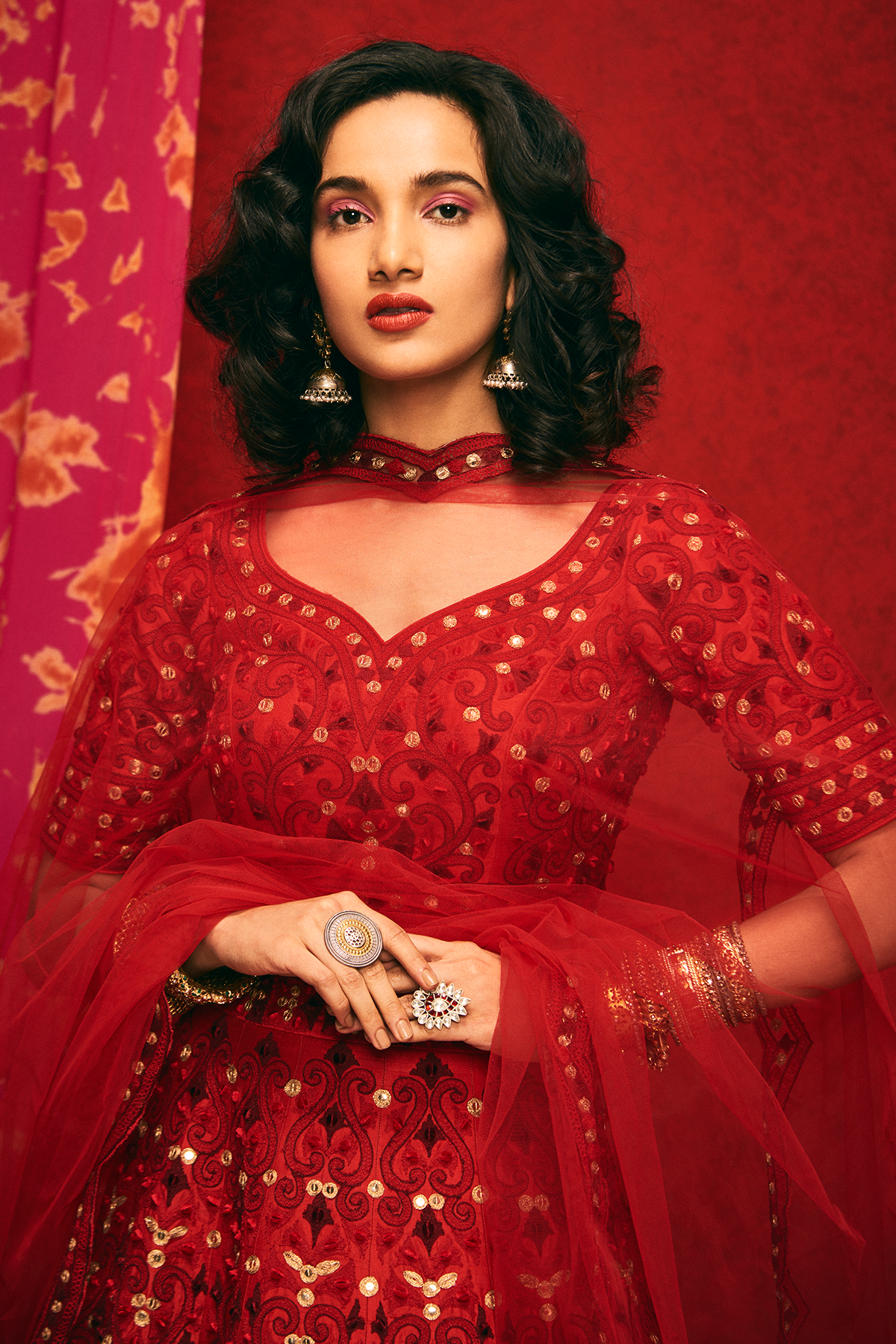 Deep Cherry Red Raw Silk Lehenga Set Closeview