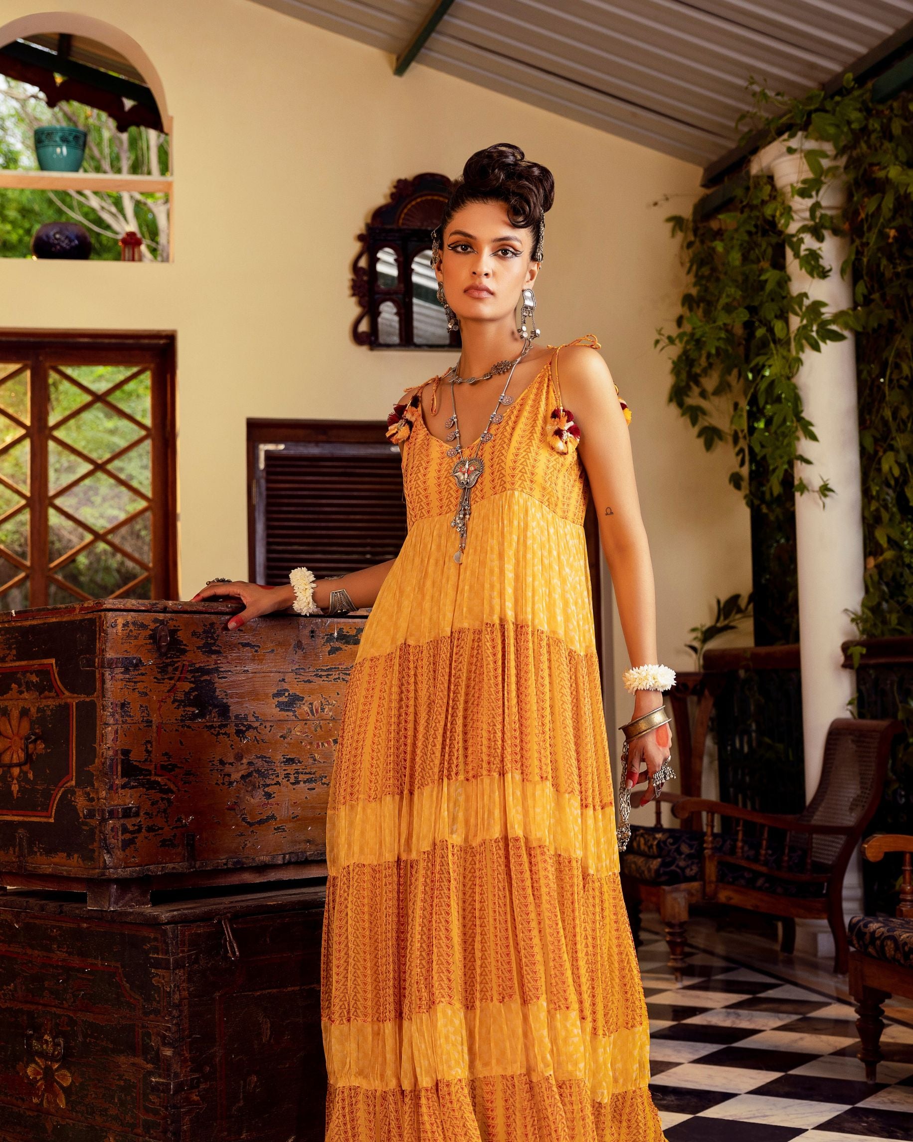 Women's Yellow Printed Tiered Dress