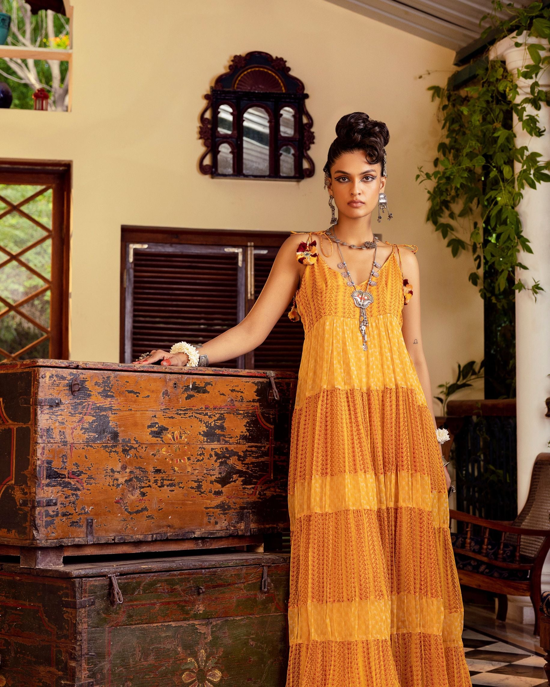 Women's Yellow Printed Tiered Dress Frontview