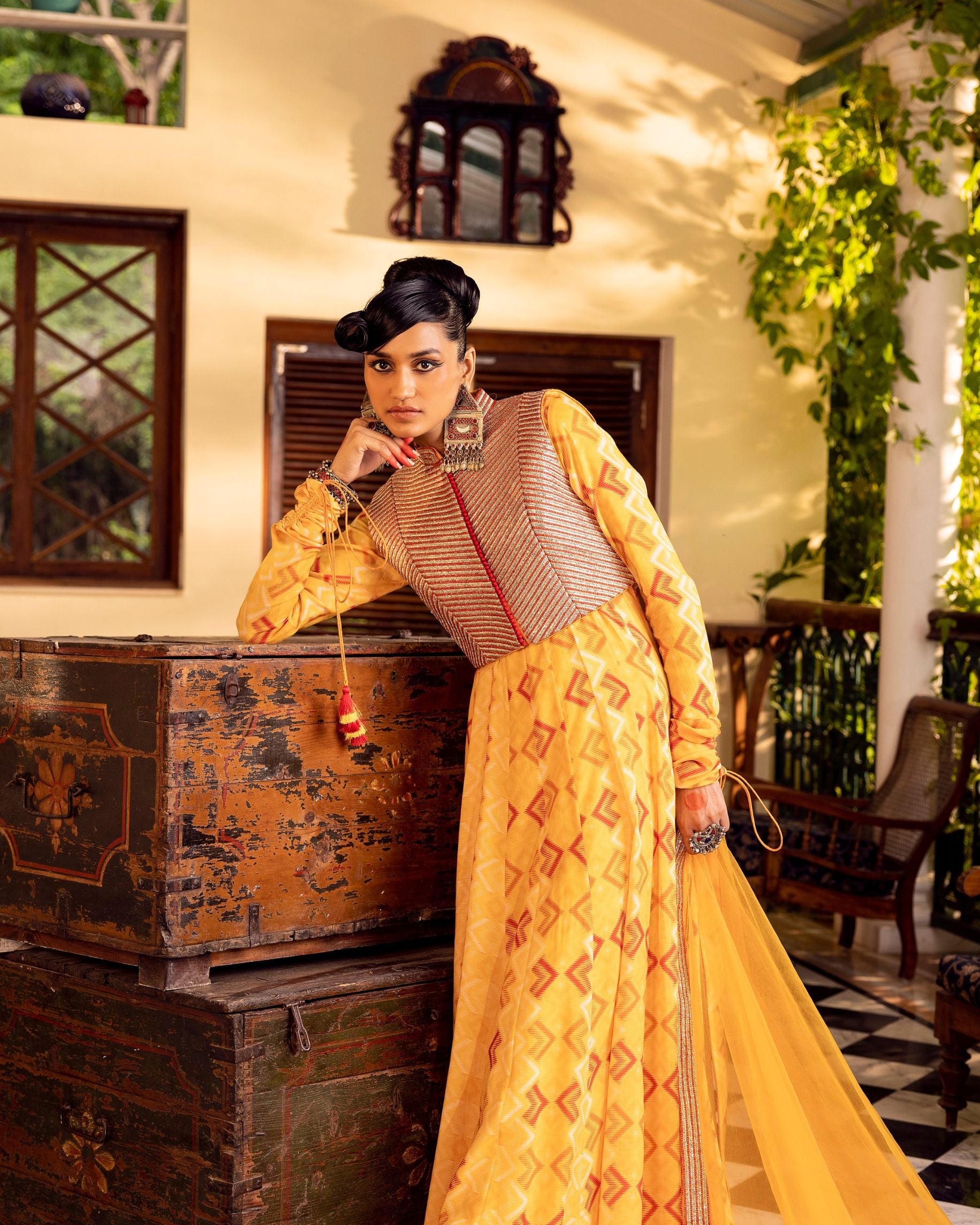 Yellow Printed & Embroidered Anarkali set with churidaar sleeve