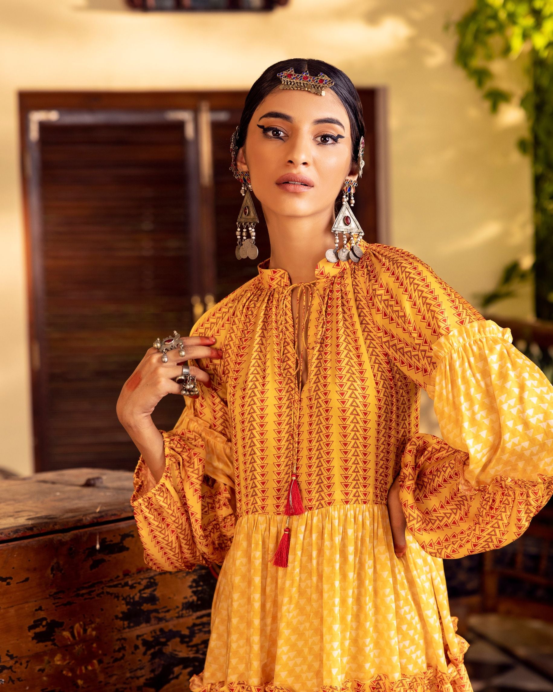 Women's Yellow Printed Tiered Tunic Closeview