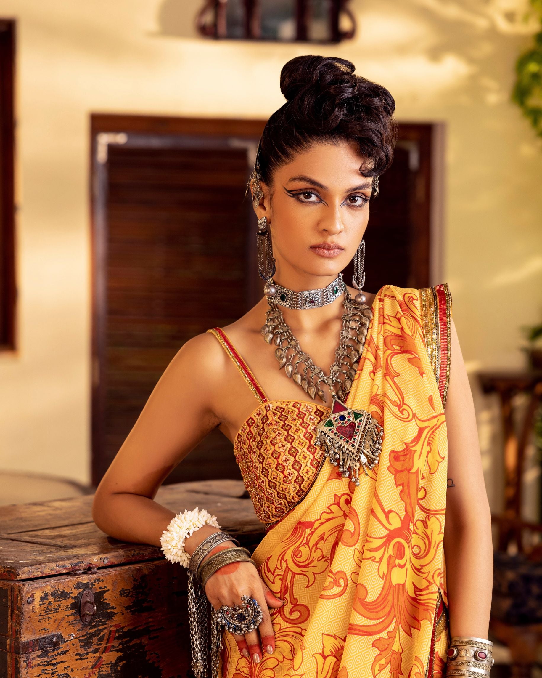 Yellow Printed & Embroidered Saree Set