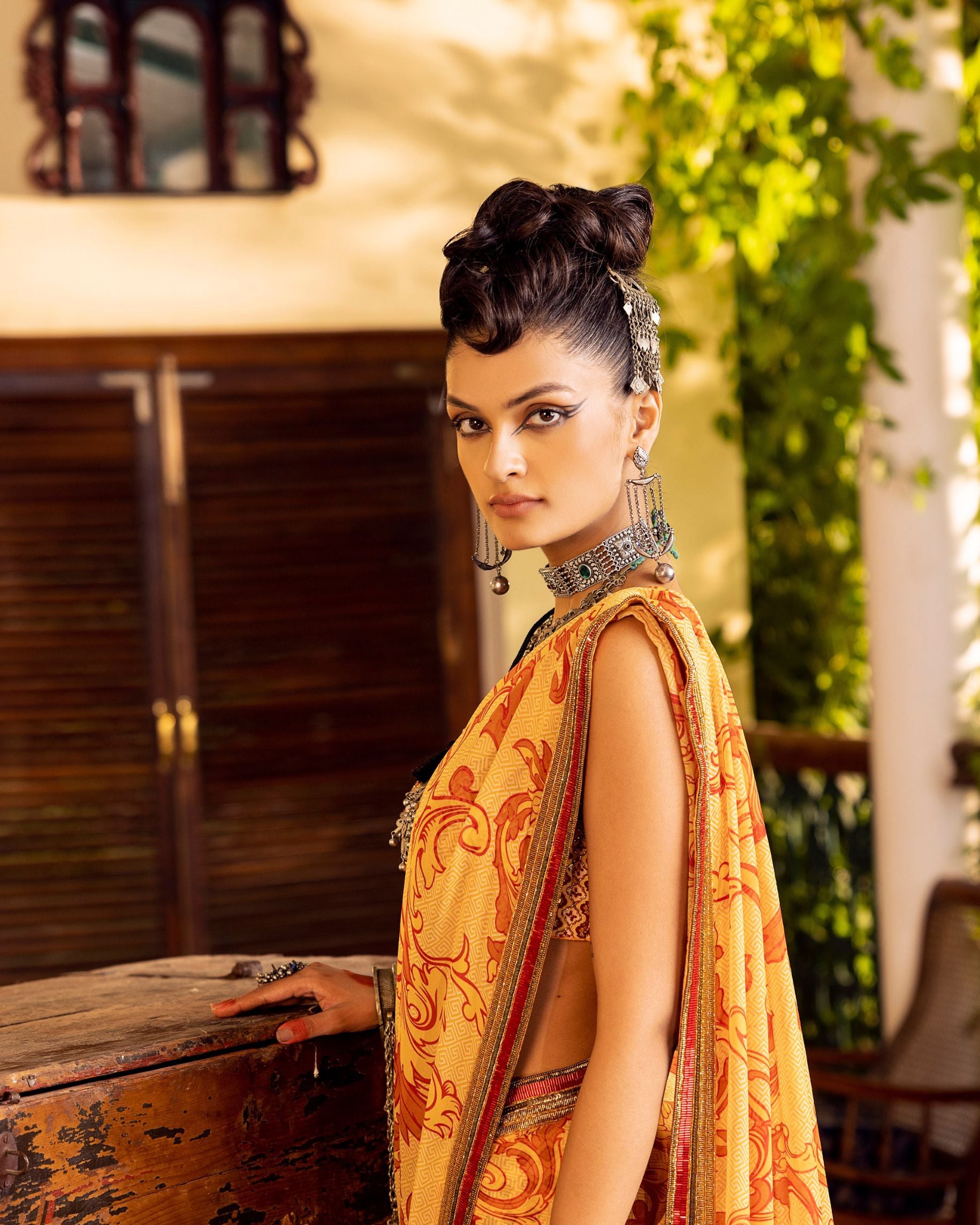 Yellow Printed & Embroidered Saree Set Sideview