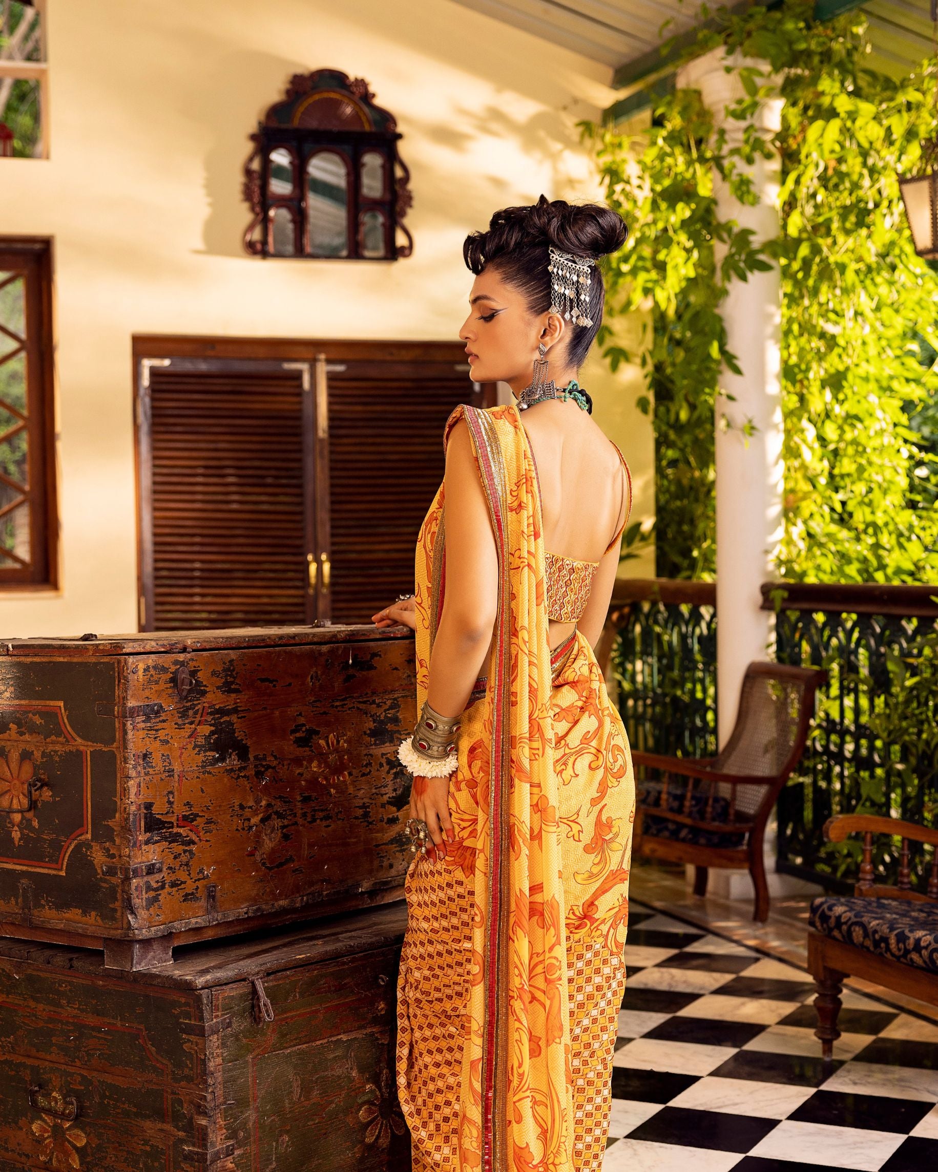 Yellow Printed & Embroidered Saree Set Backview