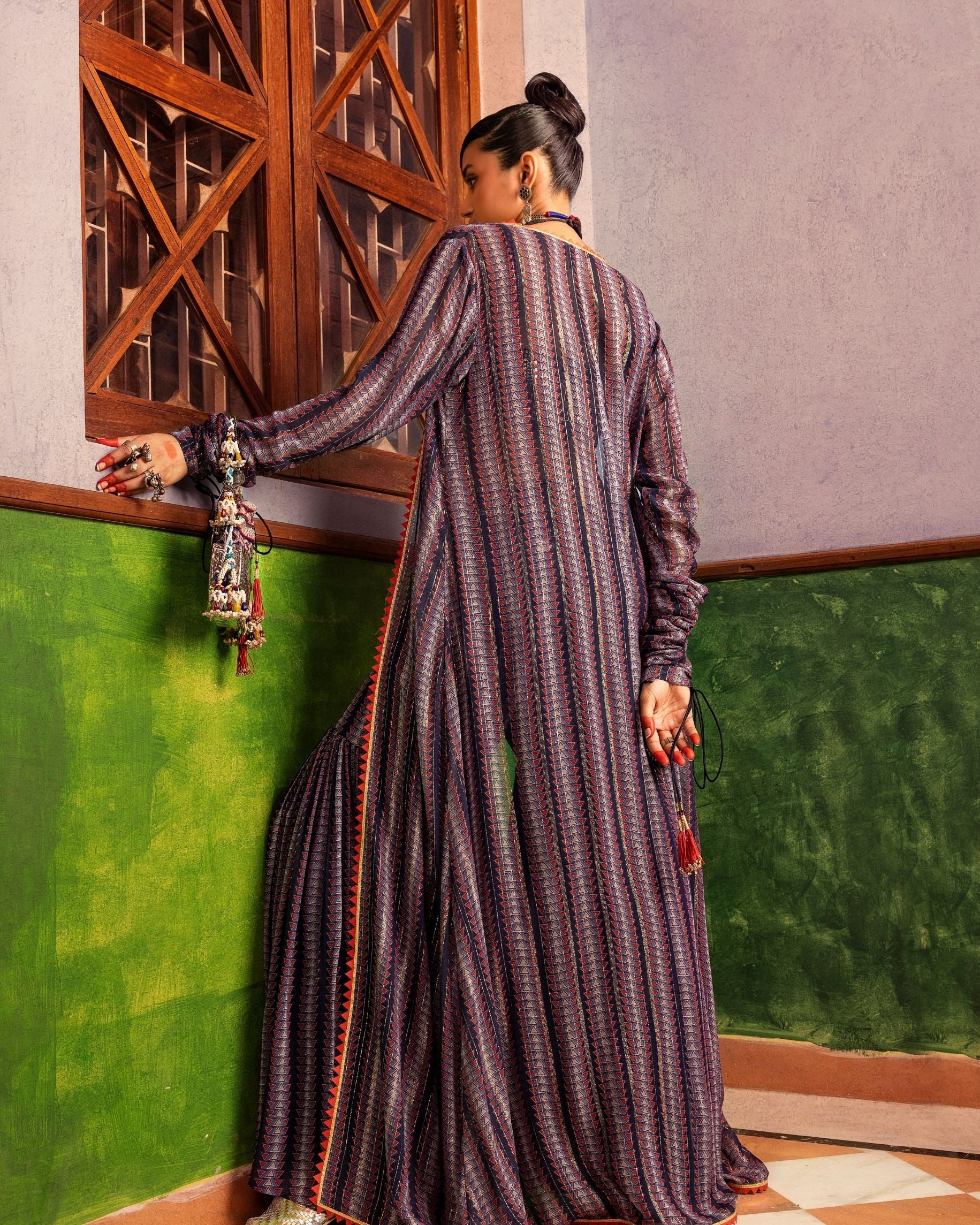 Blue Printed & Embroidered Pant set Backview