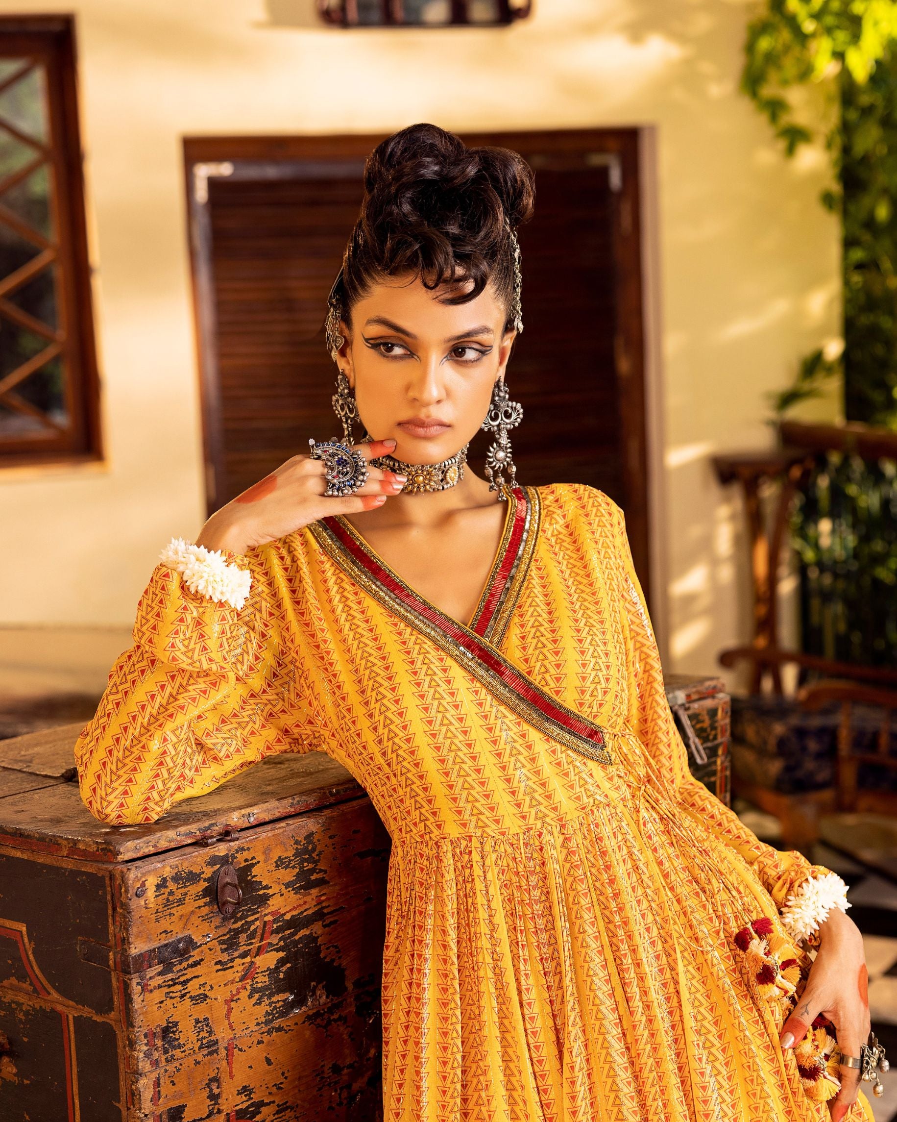 Yellow Printed & Embroidered Kurta set Closeview