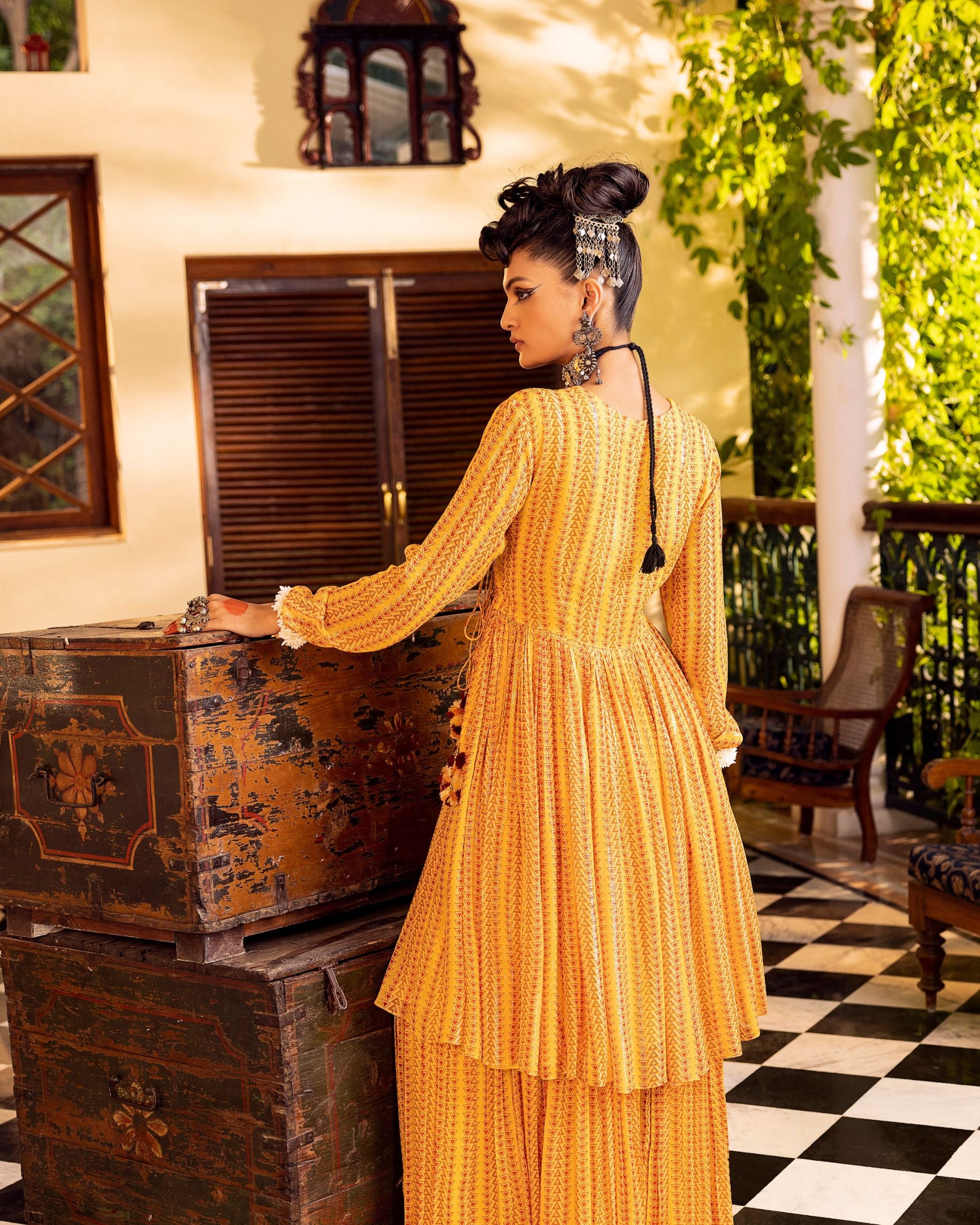 Yellow Printed & Embroidered Kurta set Backview