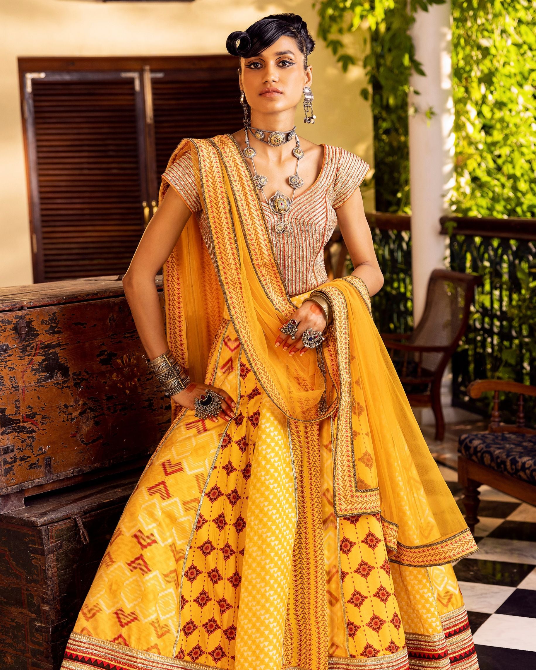 Yellow Printed & Embroidered Lehenga set
