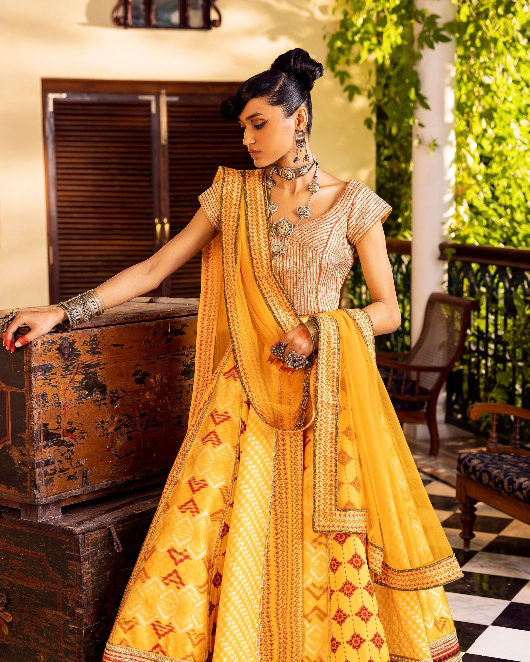 Yellow Printed & Embroidered Lehenga set Frontview
