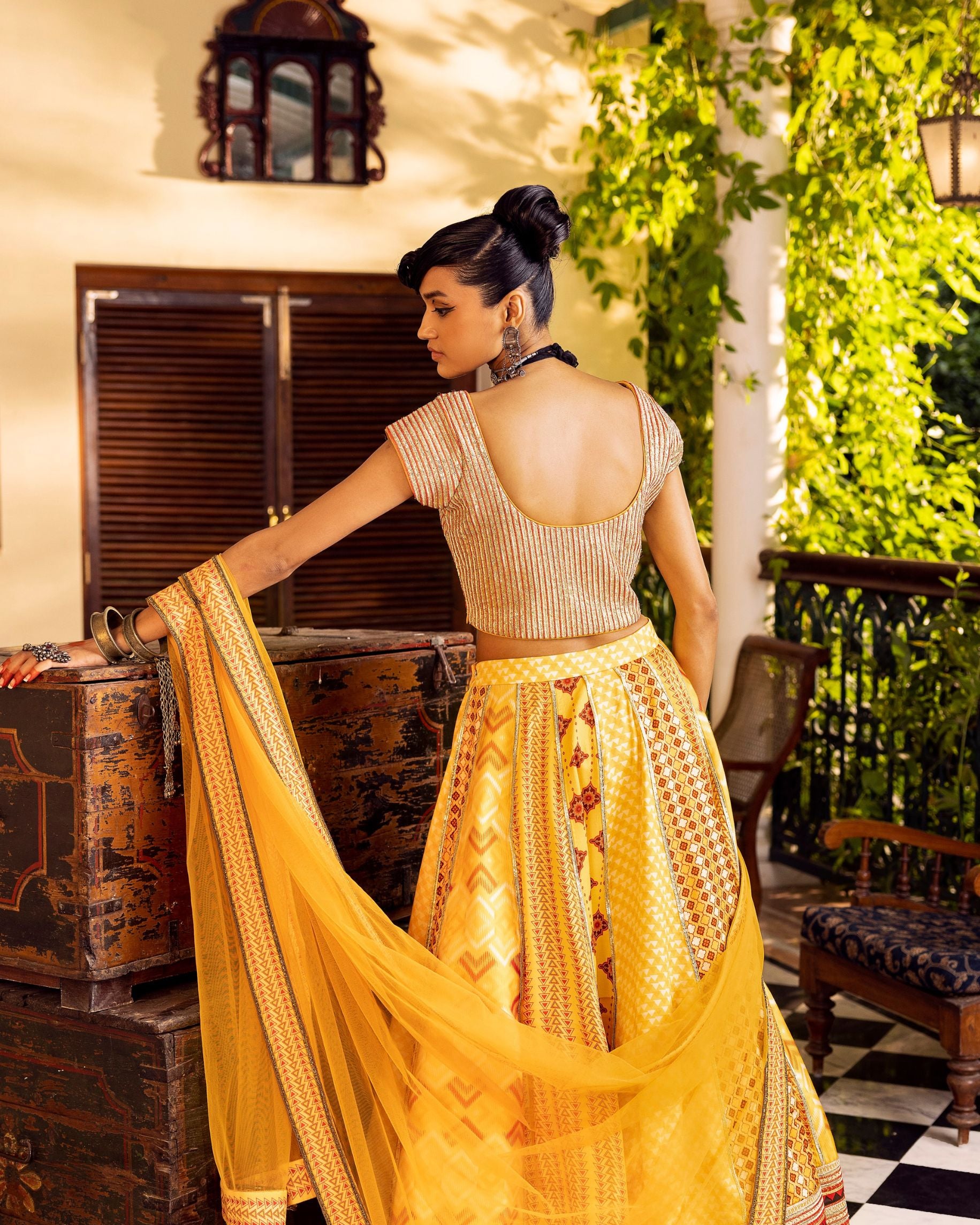 Yellow Printed & Embroidered Lehenga set Backview