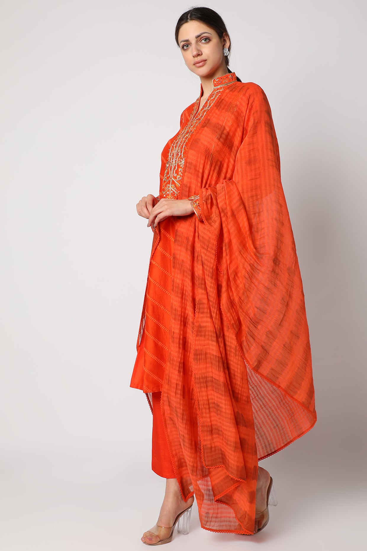 Orange Embroidered Long Kurta Set Sideview
