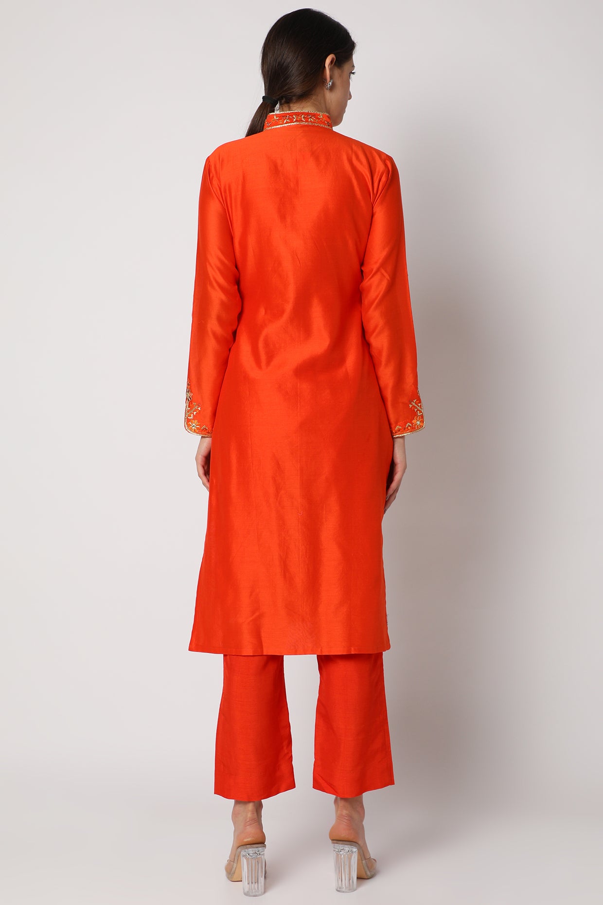 Orange Embroidered Long Kurta Set Backview