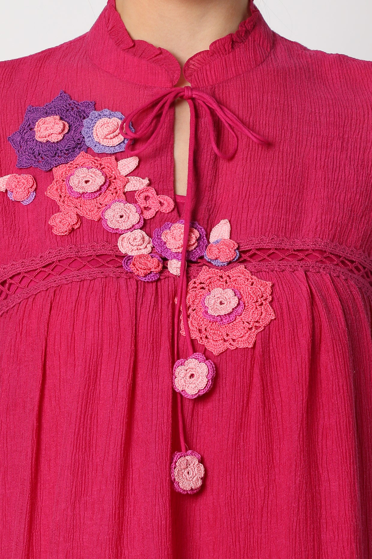 Magenta Top with crochet flowers closeview
