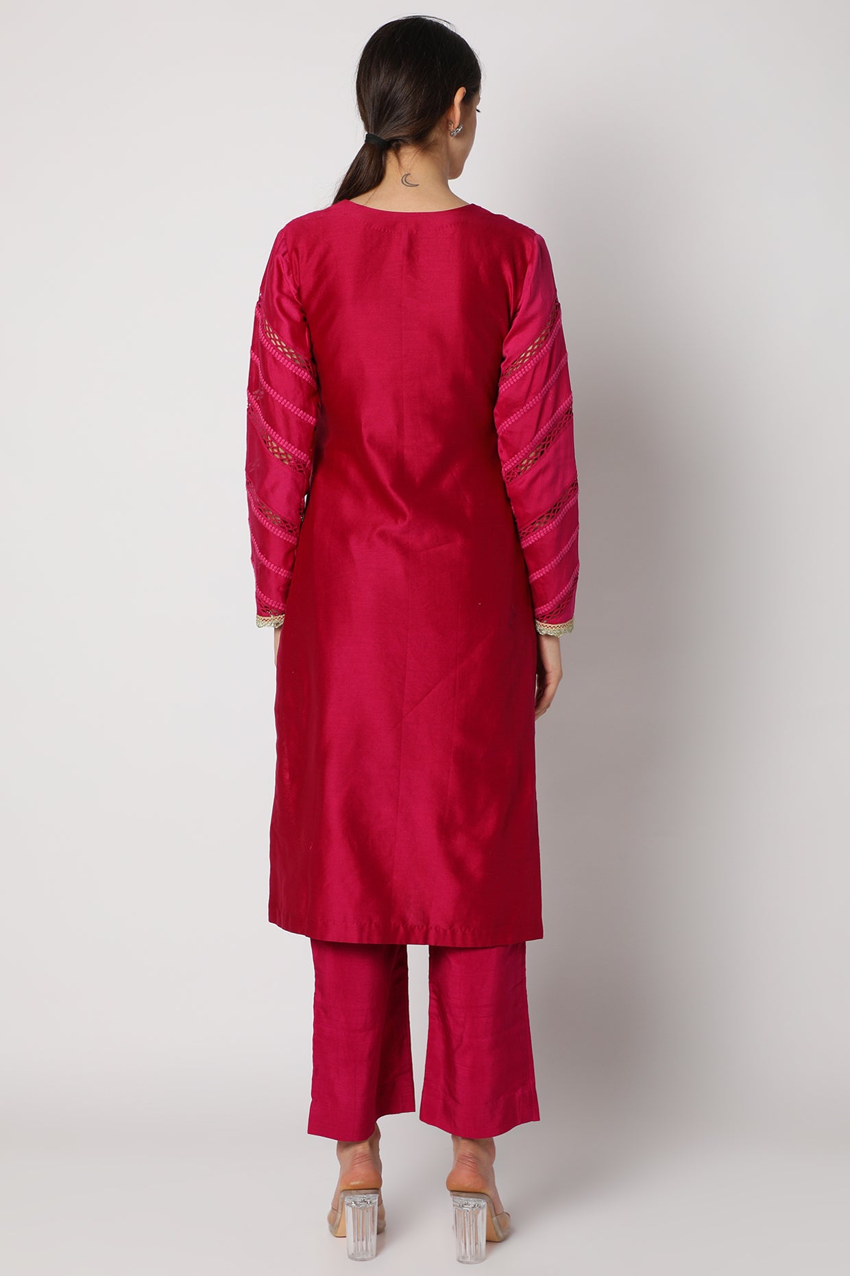 Magenta Embroidered Kurta Set backview