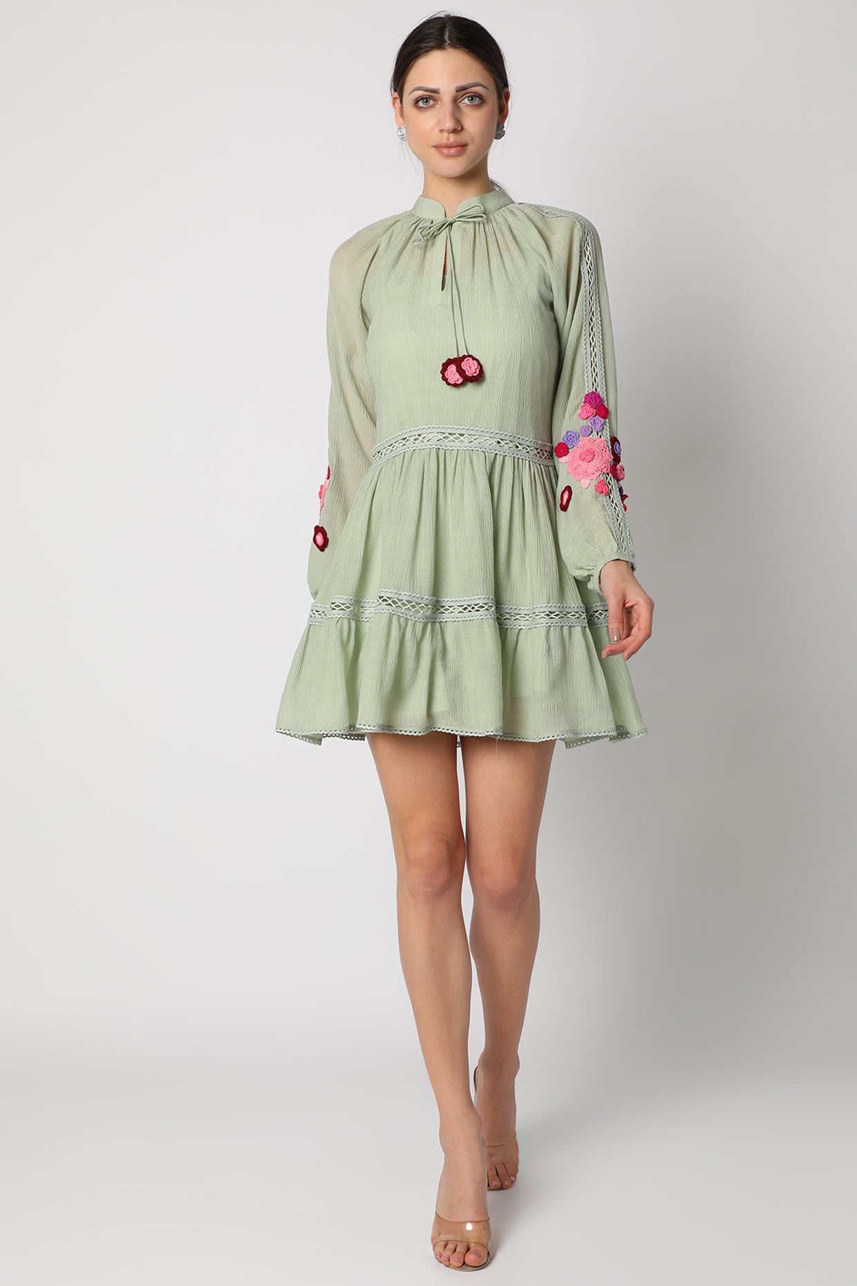 Grey Tunic dress with crochet flowers