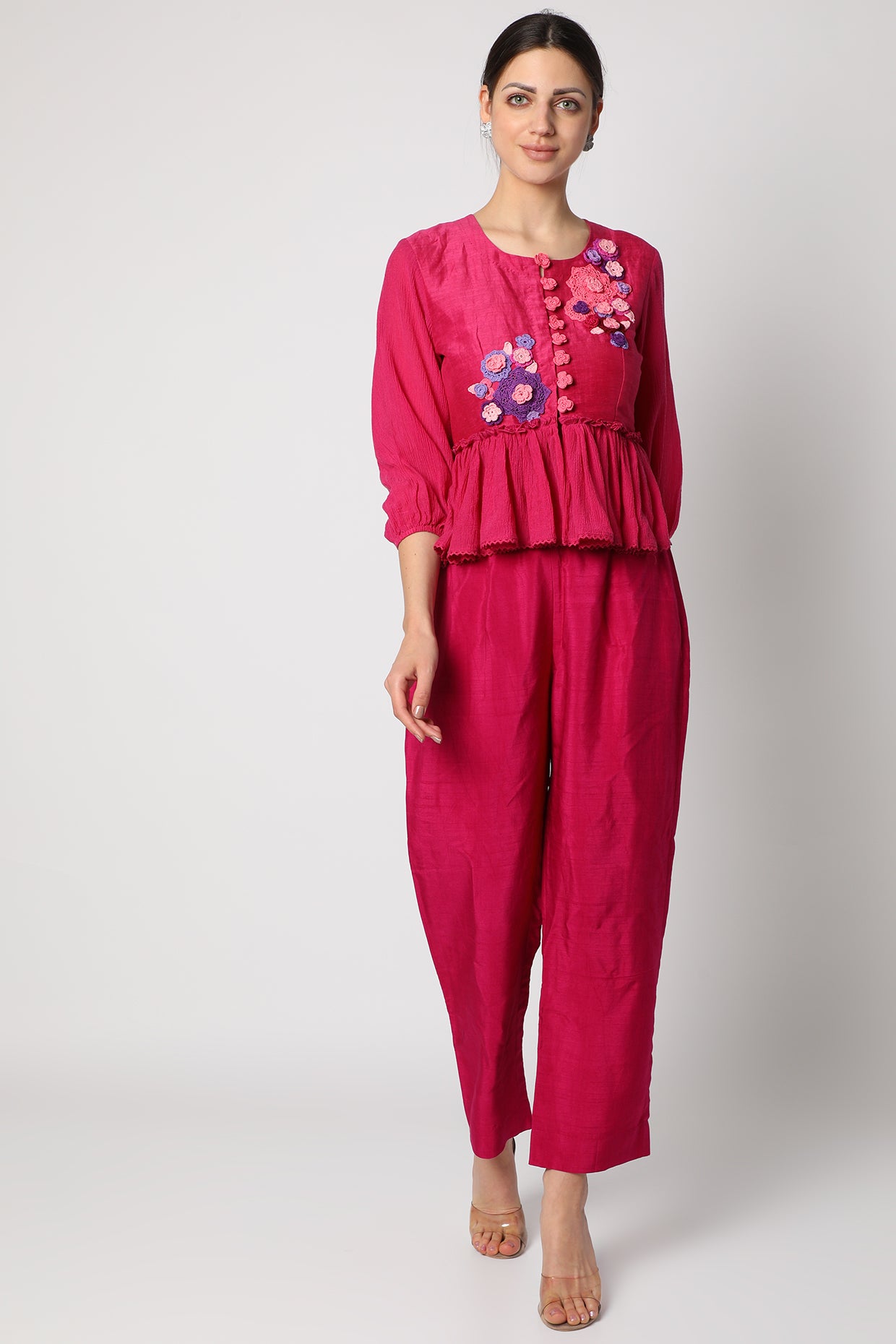Magenta Top with crochet flowers.