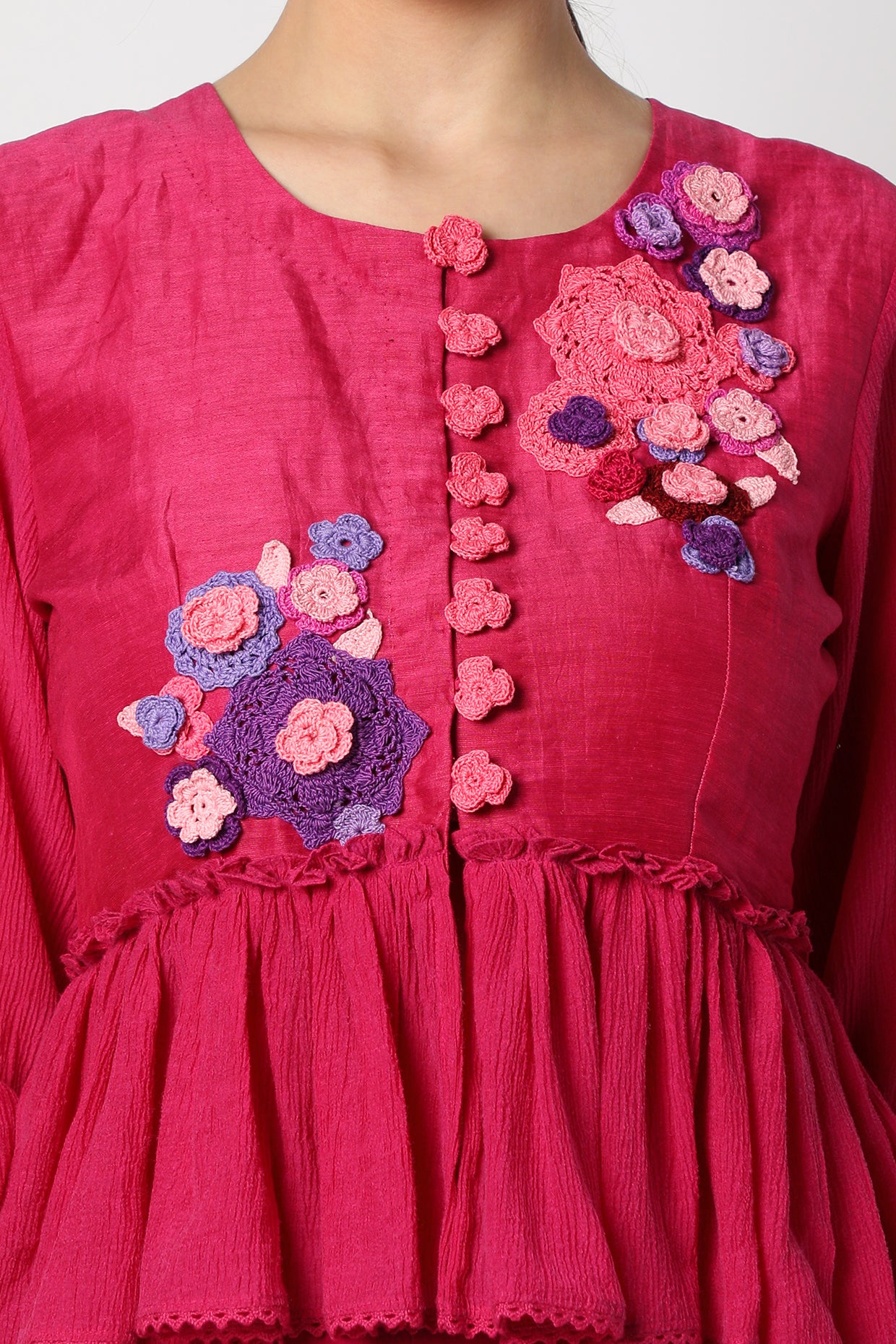 Magenta Top with crochet flowers closeview