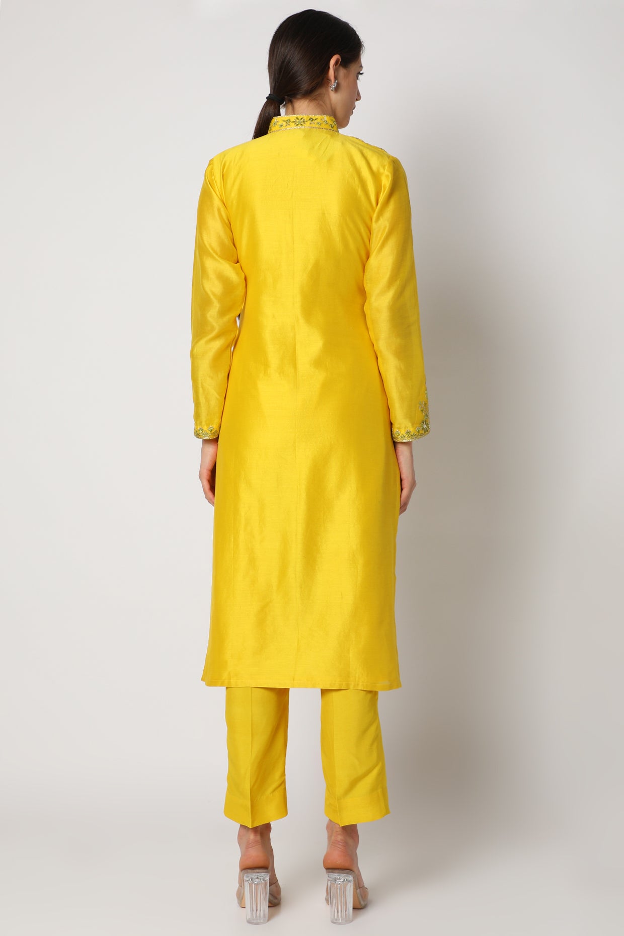 Women's Yellow Embroidered Kurta Set Backview