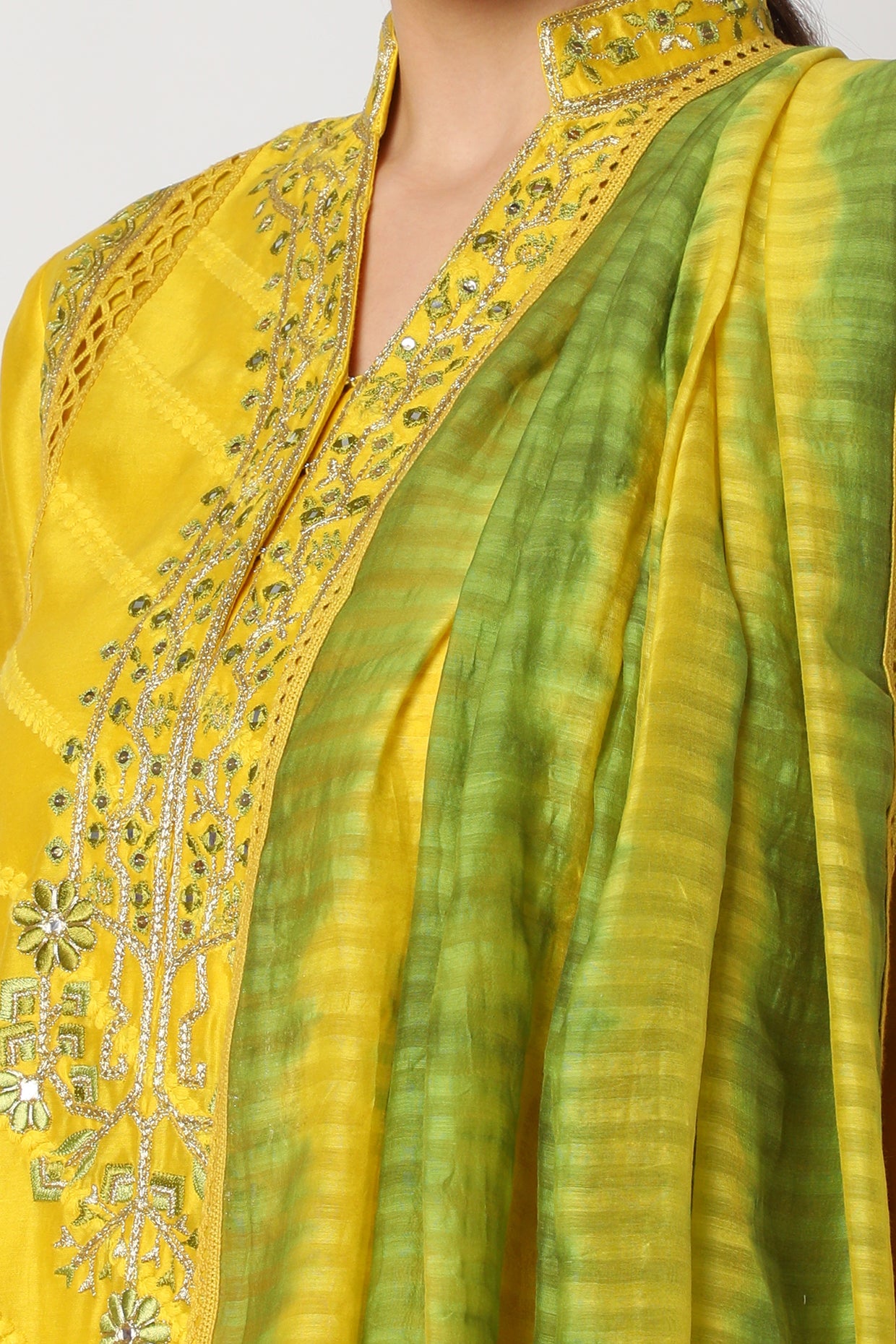 Women's Yellow Embroidered Kurta Set with tie dye dupatta