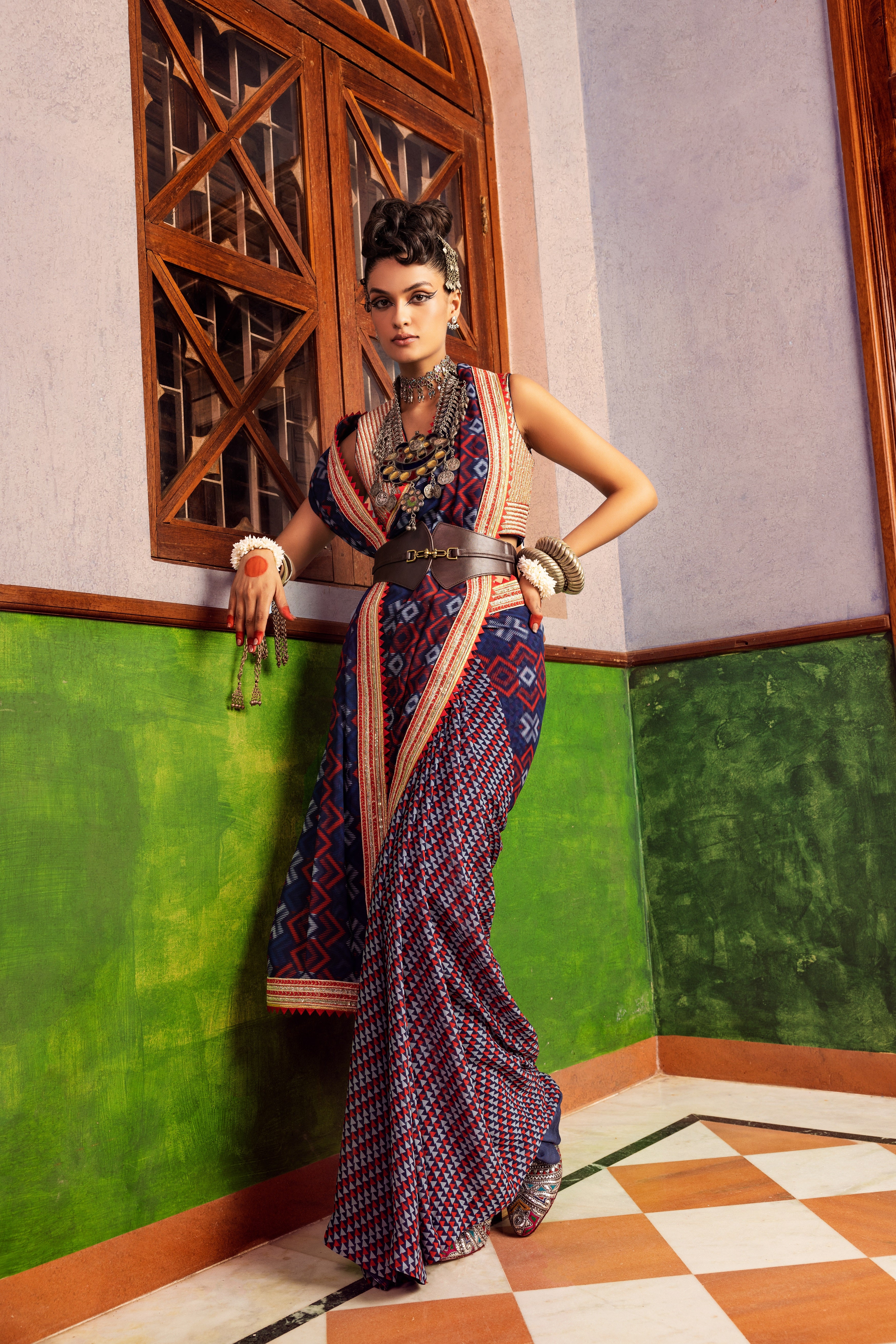 Blue Printed & Embroidered Saree Set