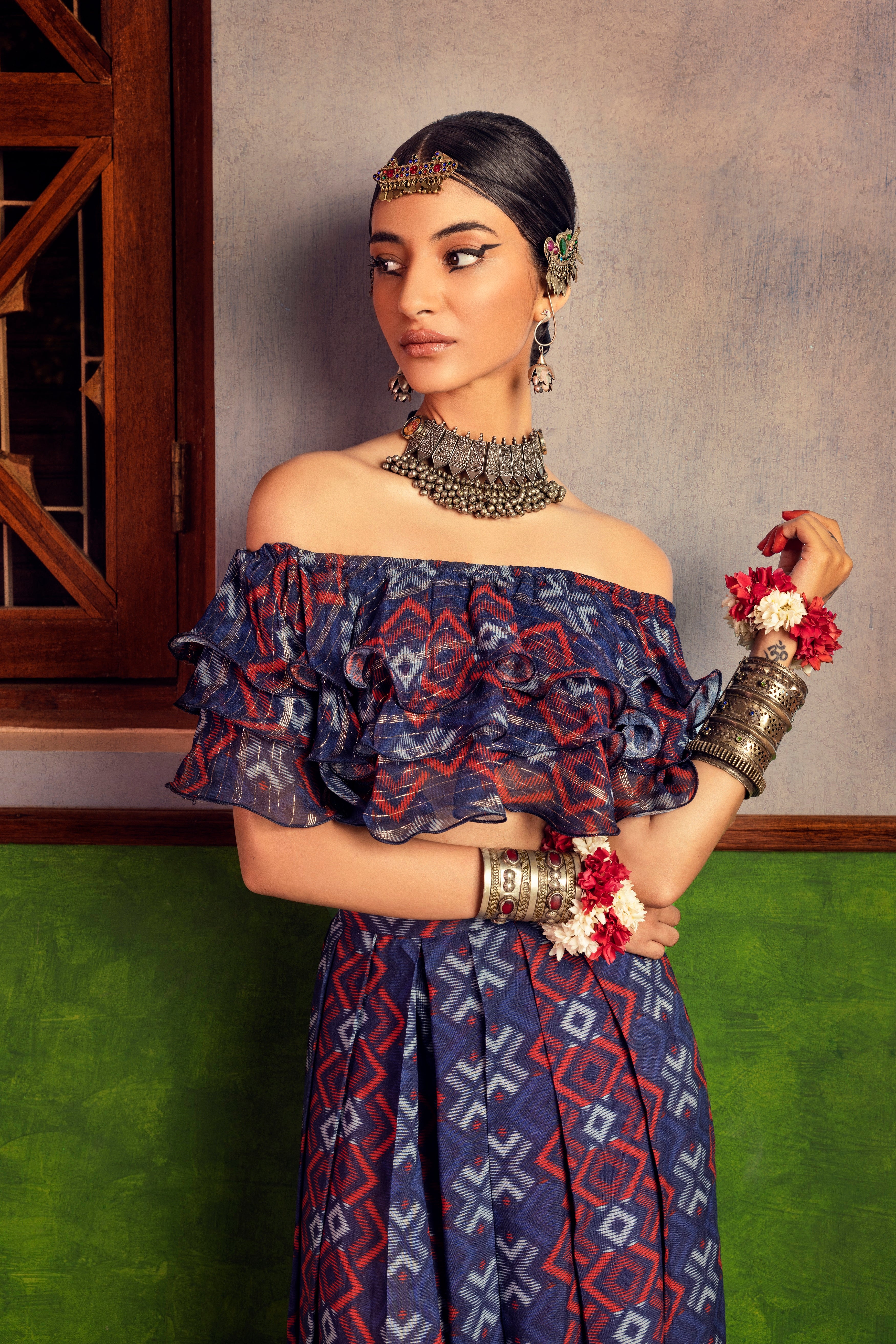 Blue Printed Ruffles Top & Pant set