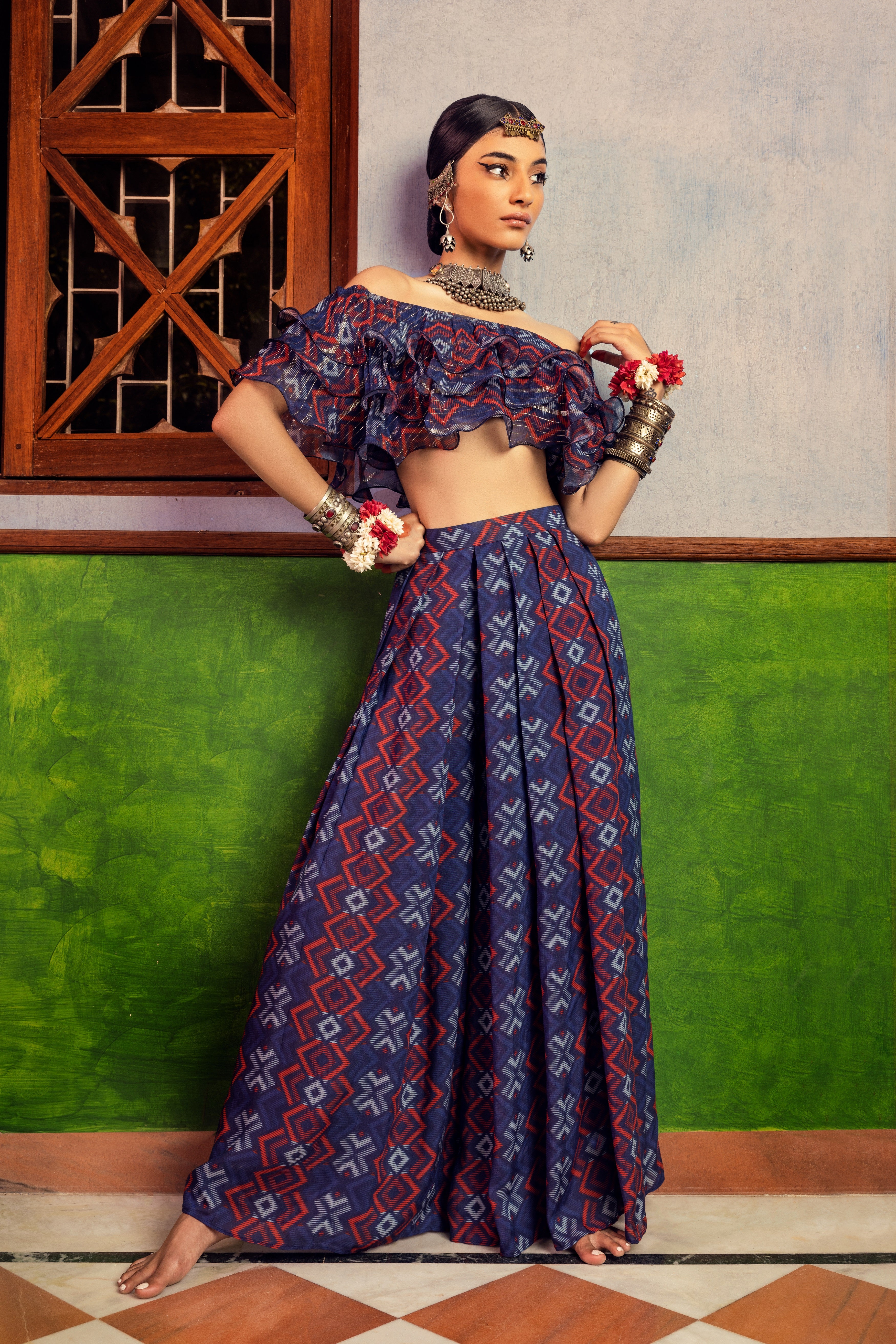 Blue Printed Ruffles Top & Pant set Frontview