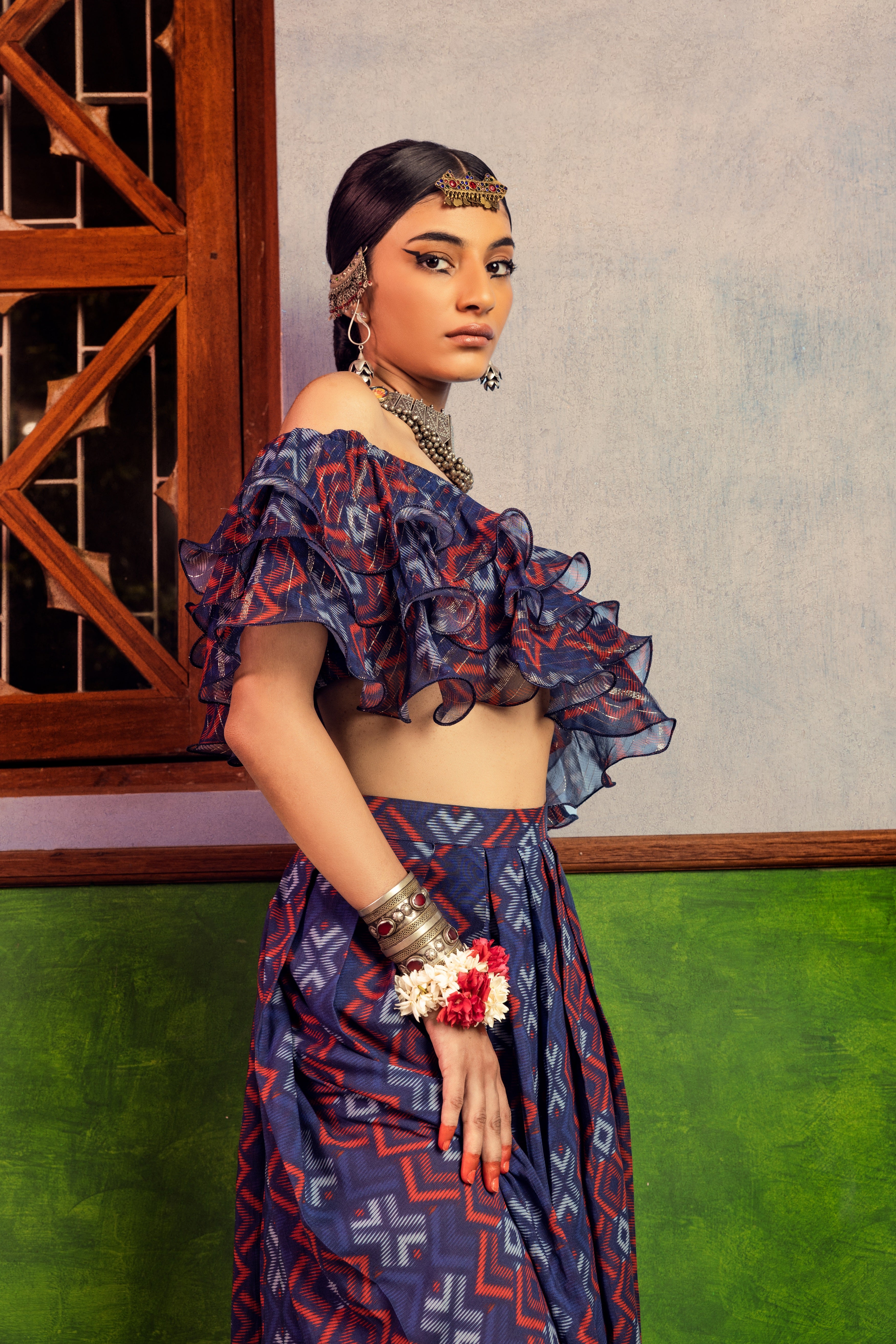 Blue Printed Ruffles Top & Pant set Sideview