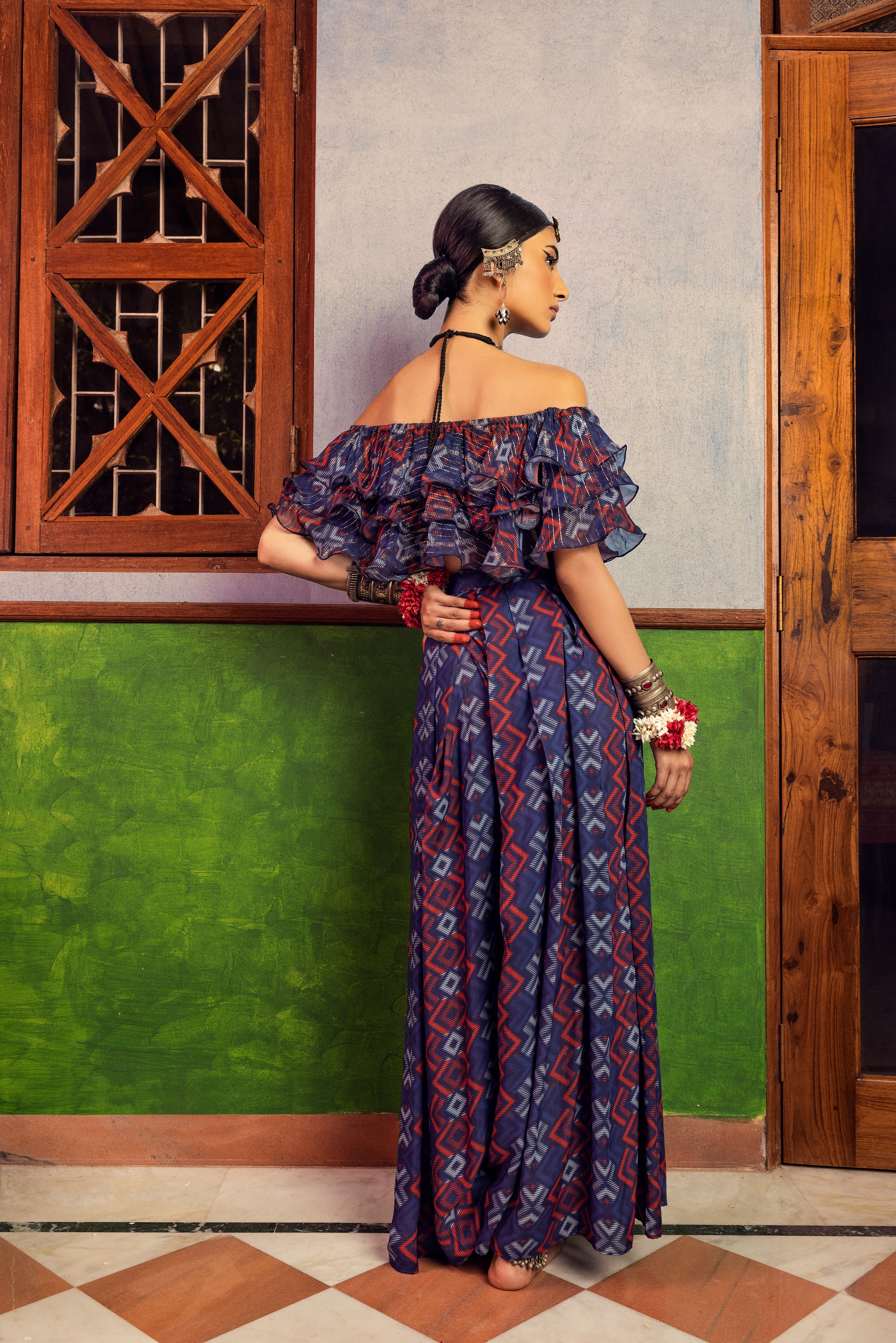 Blue Printed Ruffles Top & Pant set Backview