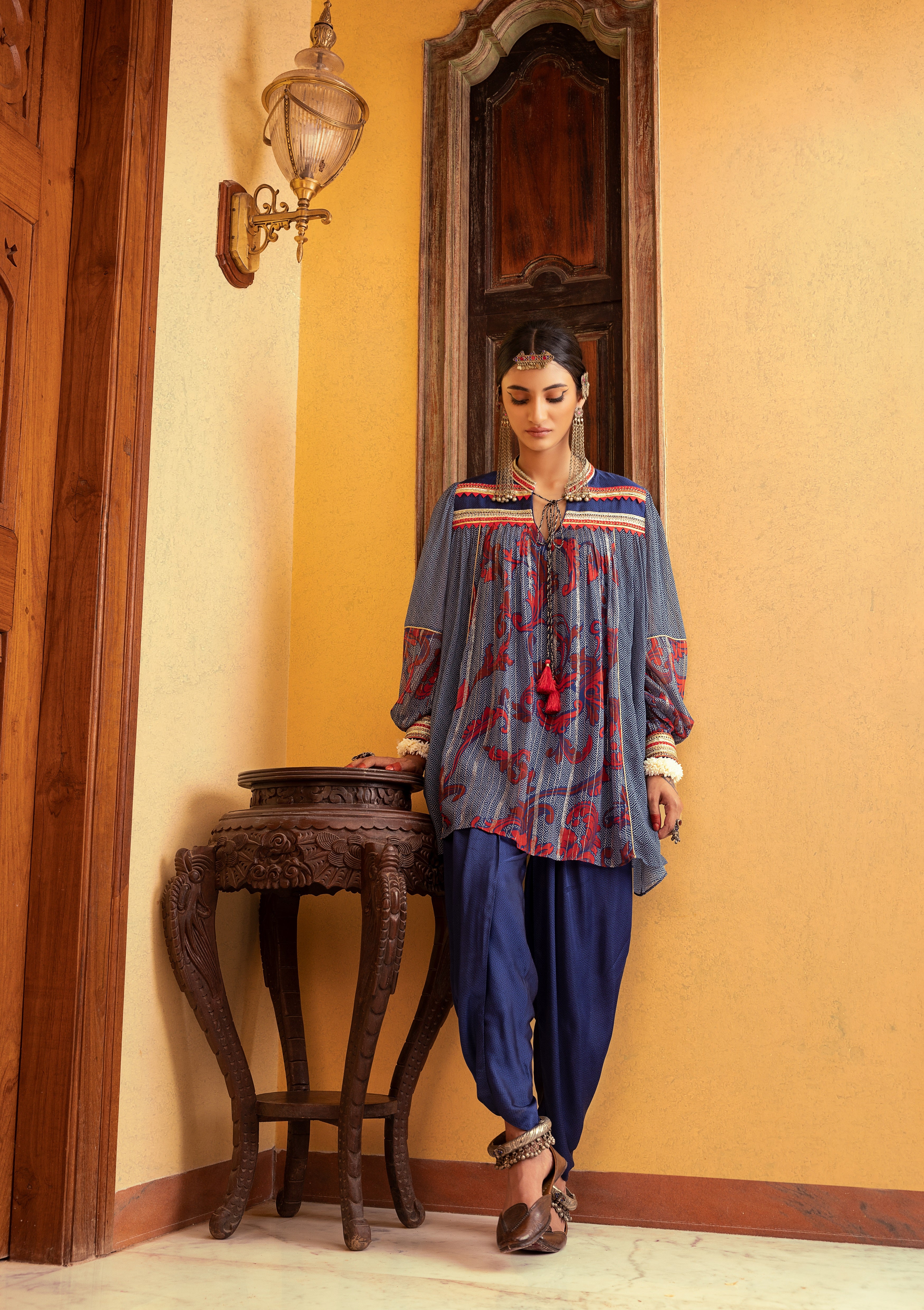 Blue Printed & Embroidered Tunic Set