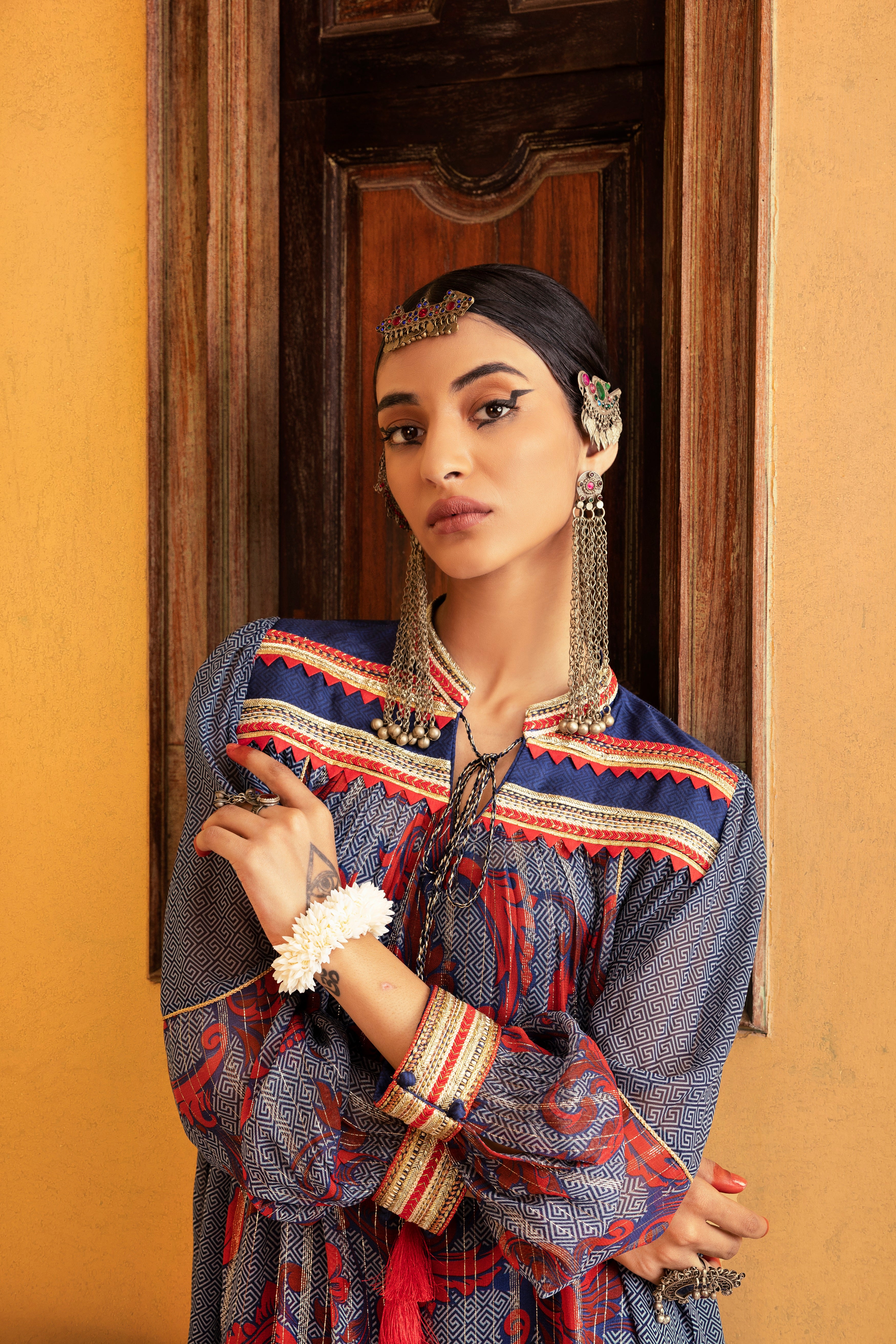 Blue Printed & Embroidered Tunic Set Closeview