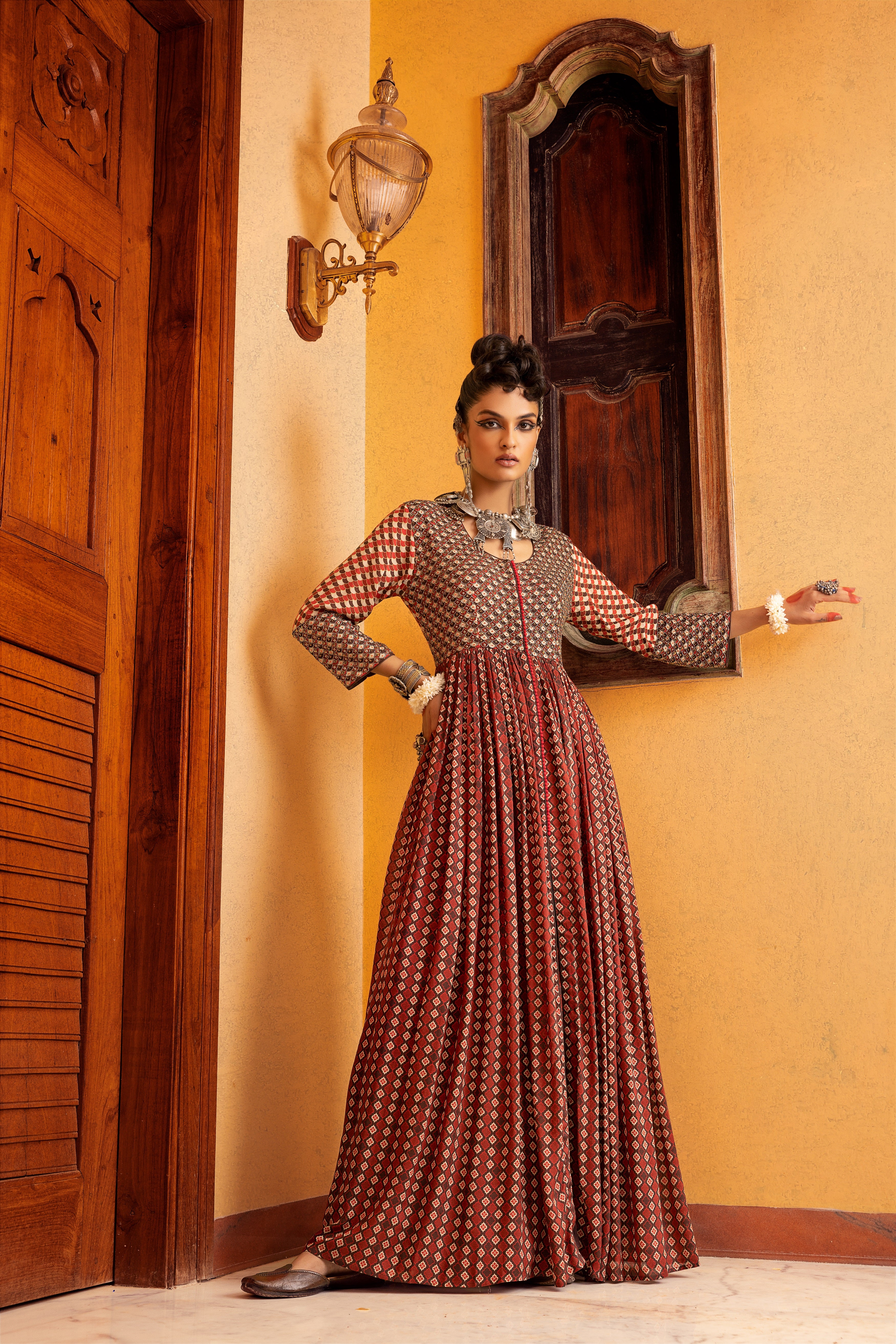 Brown Printed & Embroidered Dress Frontview