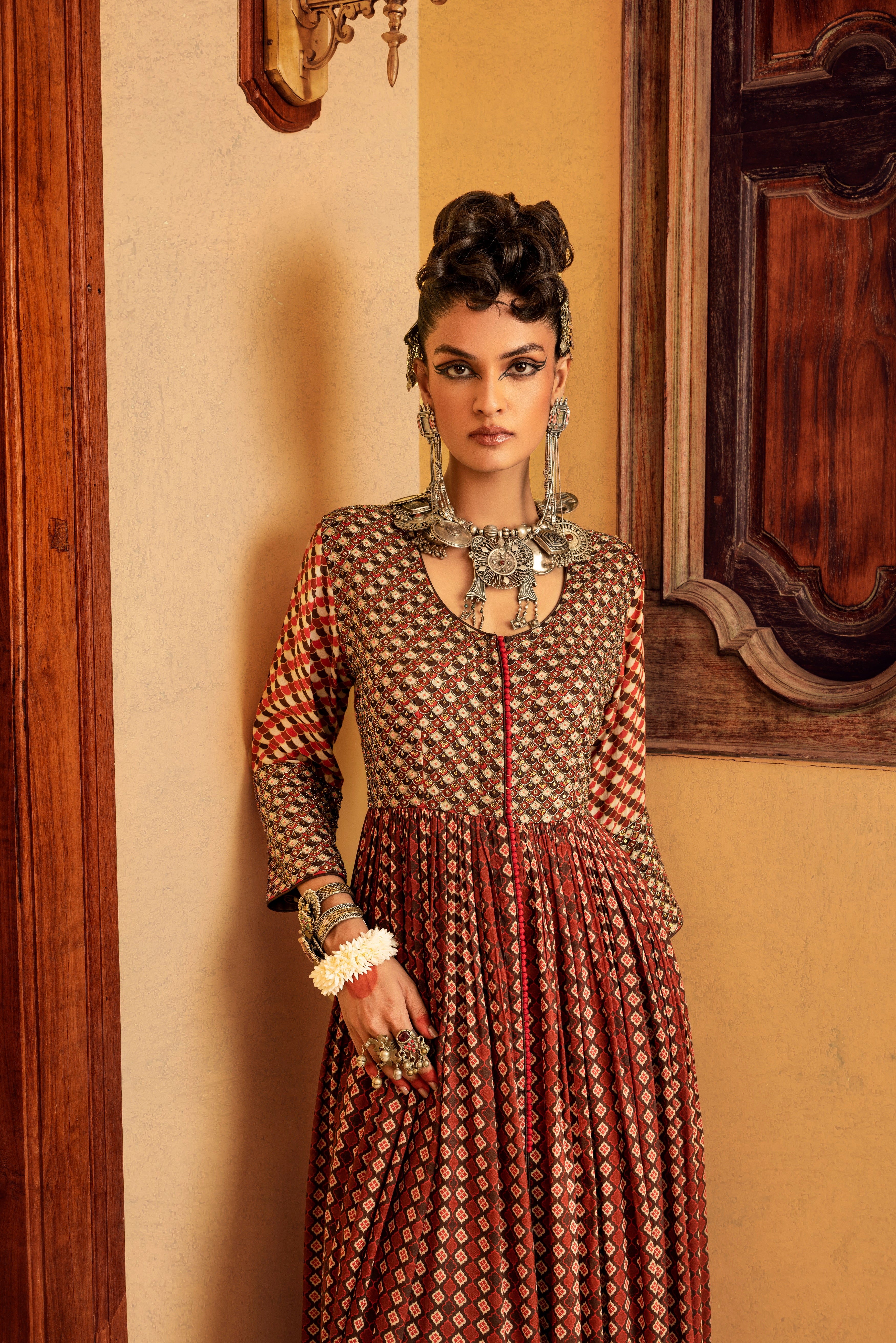 Brown Printed & Embroidered Dress Frontview