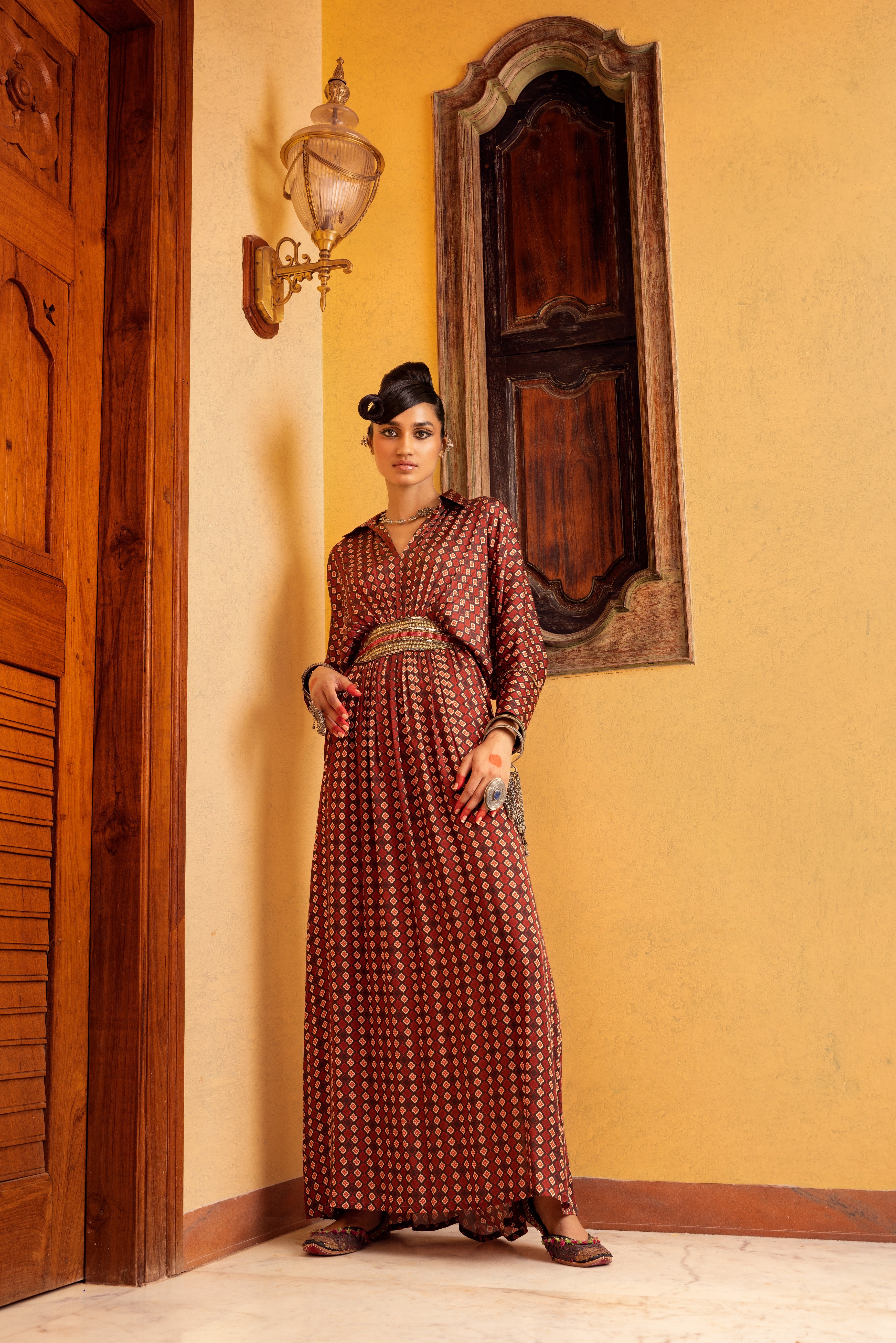 Brown Printed & Embroidered Dress