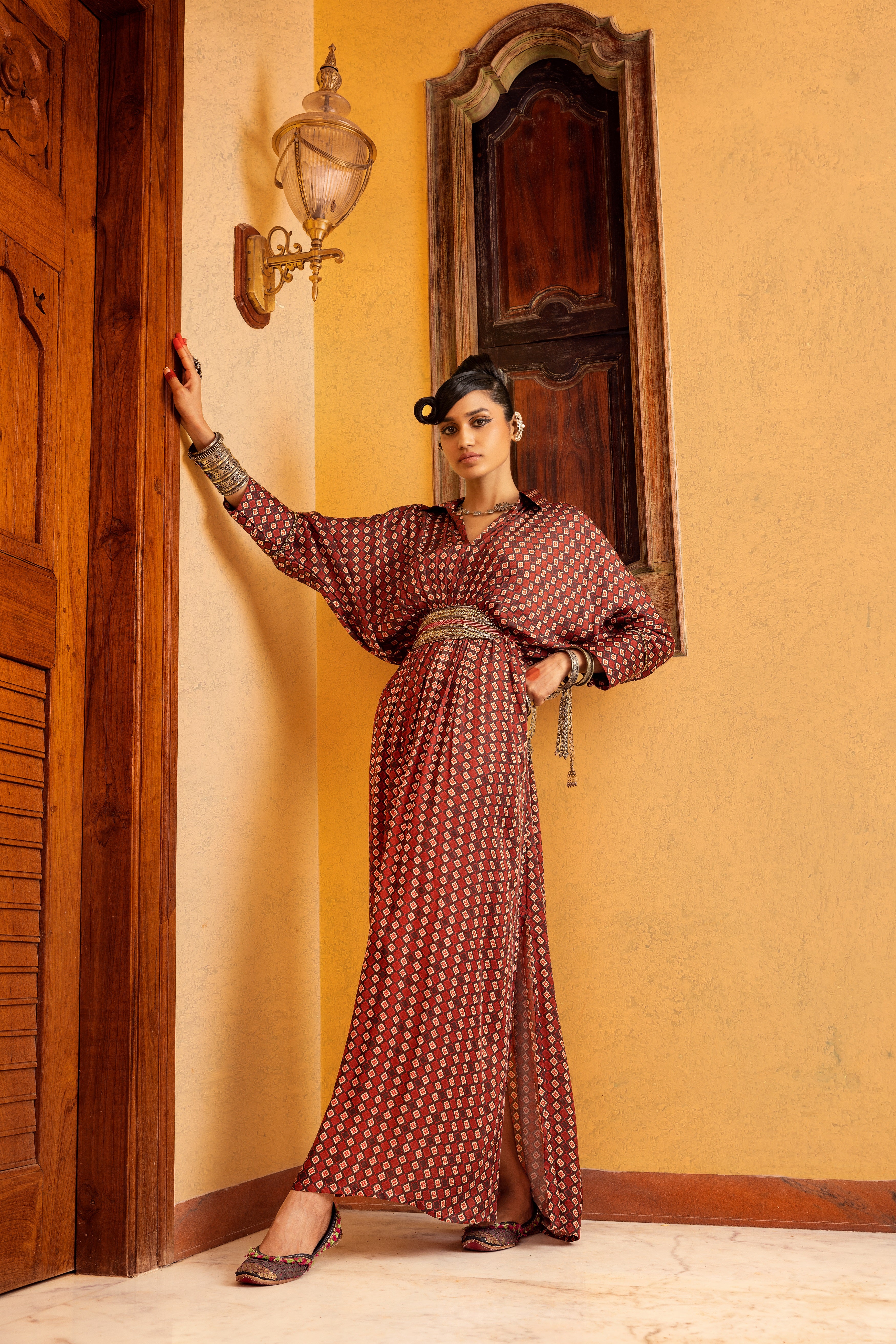 Brown Printed & Embroidered Dress Frontview