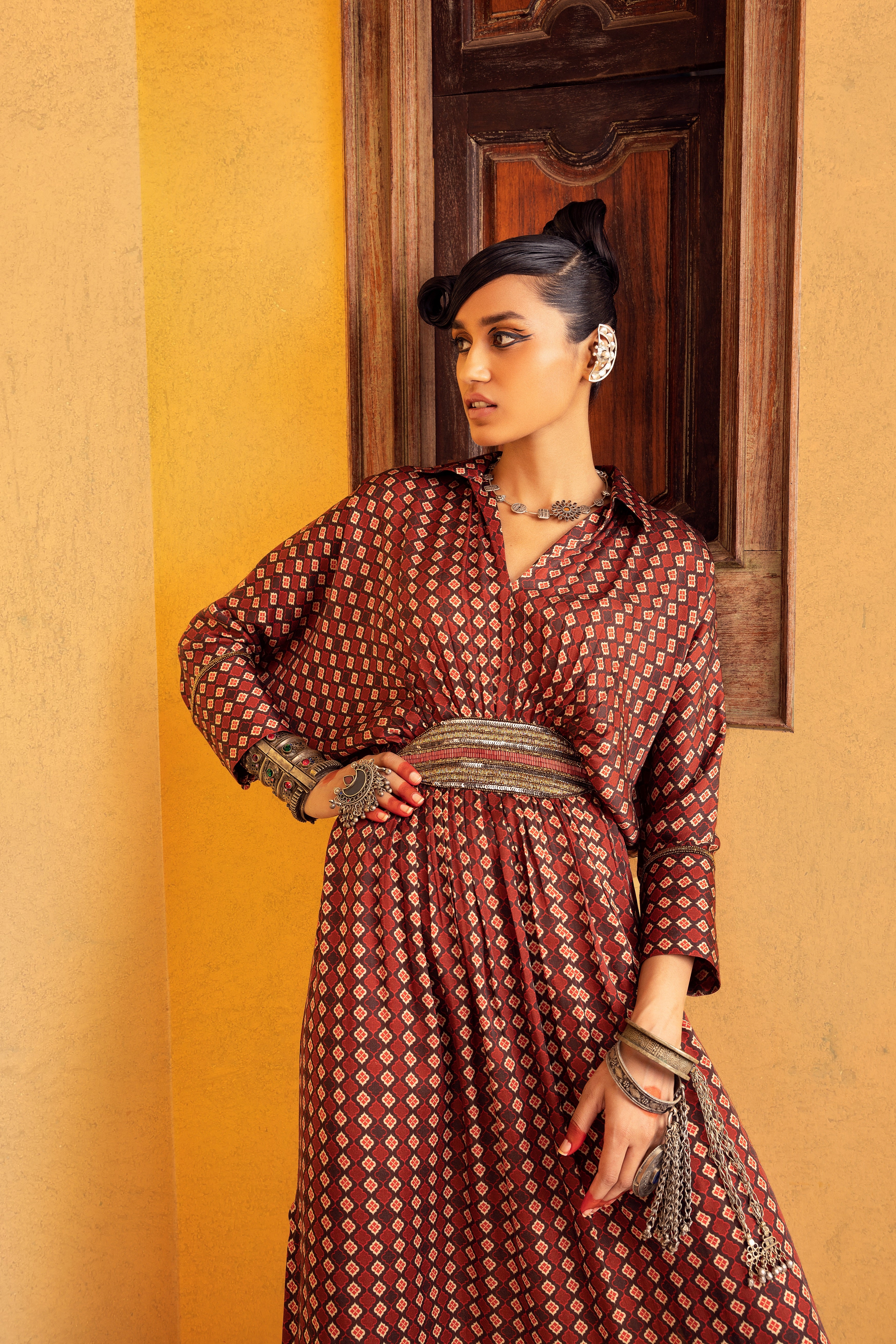 Brown Printed & Embroidered Dress