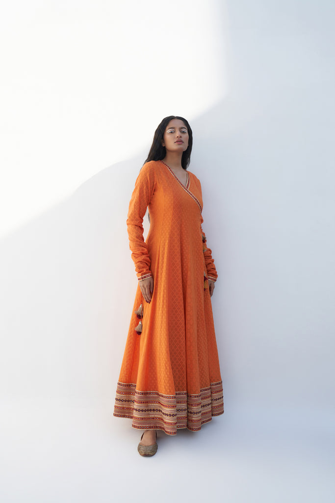 Orange Chanderi Jacquard Embroidered Anarkali