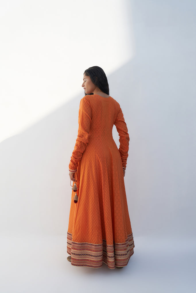 Orange Chanderi Jacquard Embroidered Anarkalibackview