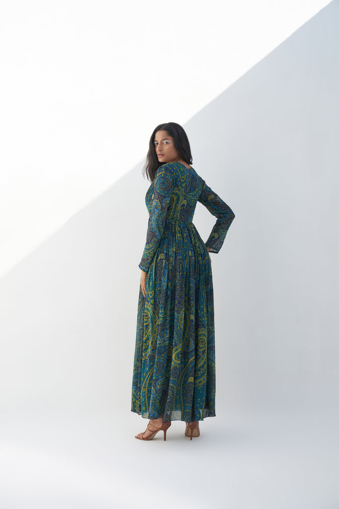 Blue & Green Georgette Paisley Printed Maxi Dress Backview