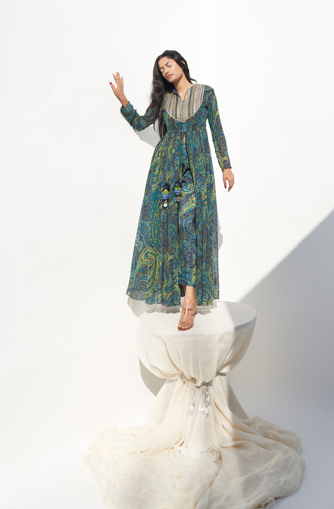 Blue & Green Georgette Paisley Printed Maxi Dress