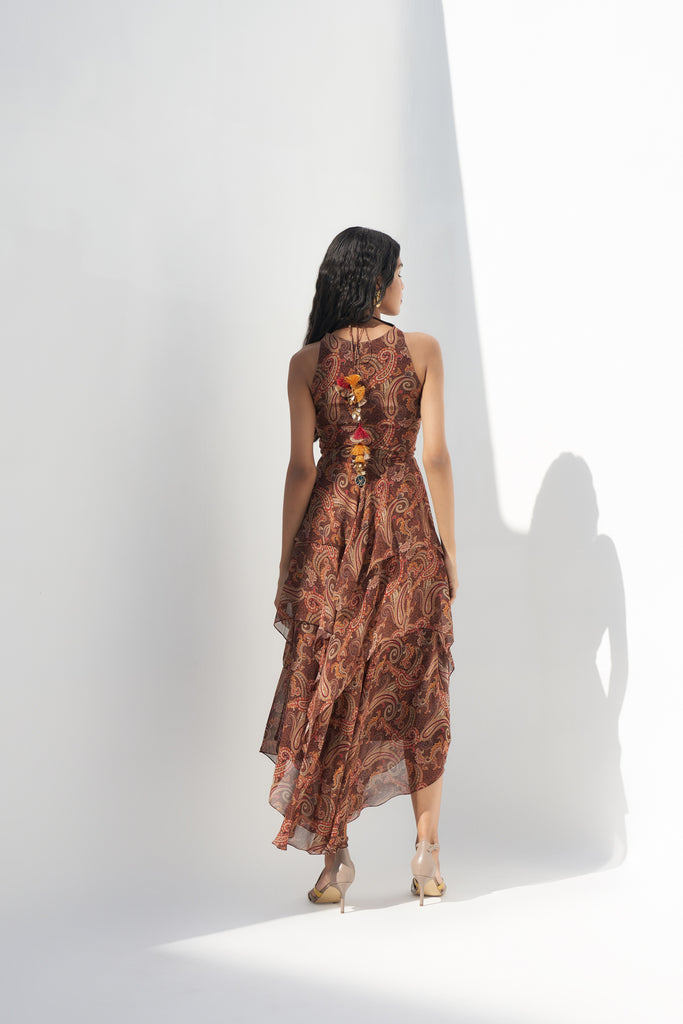 Brown Georgette Printed Ruffled Dress Backview