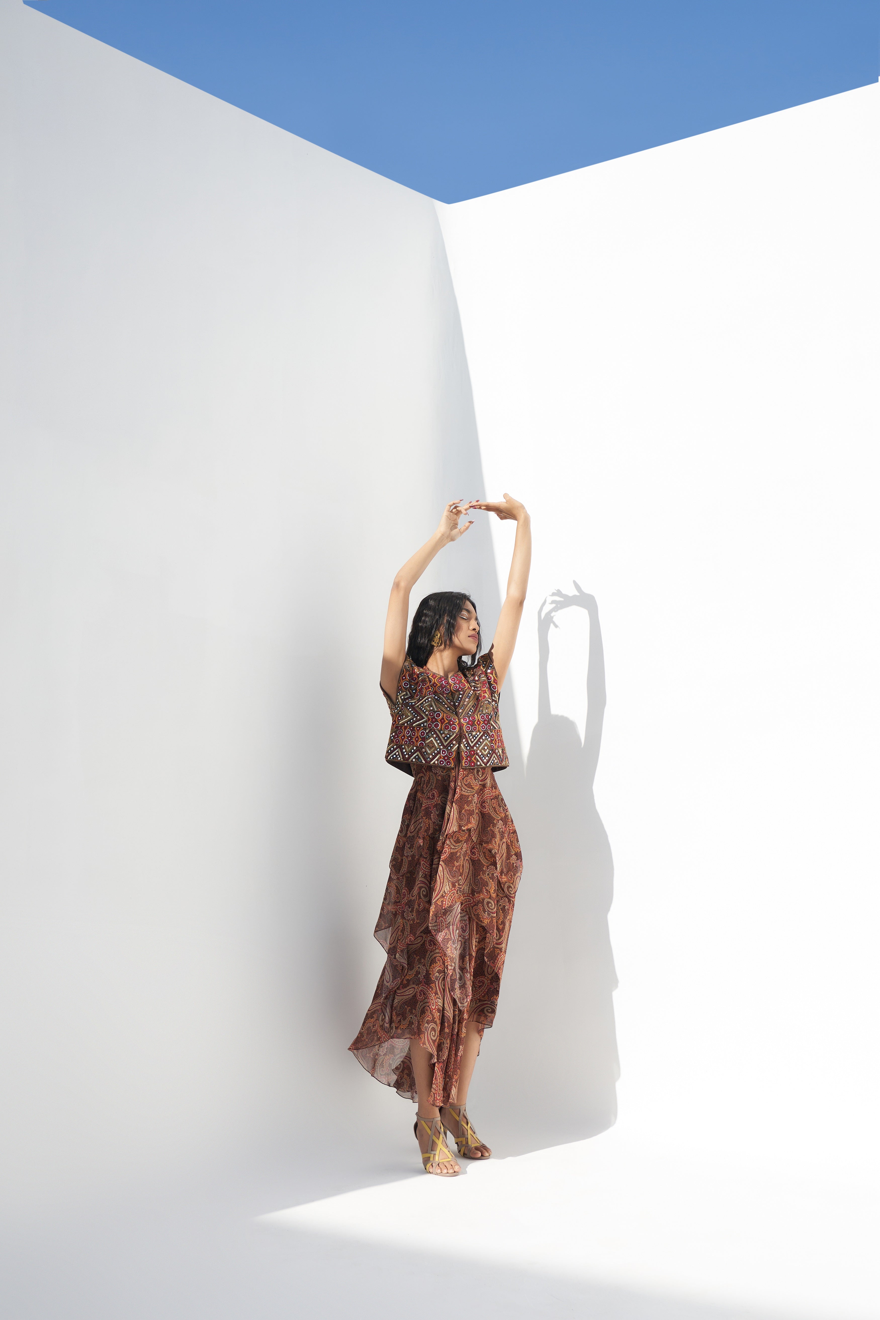 Brown Embroidered Sleeveless Jacket