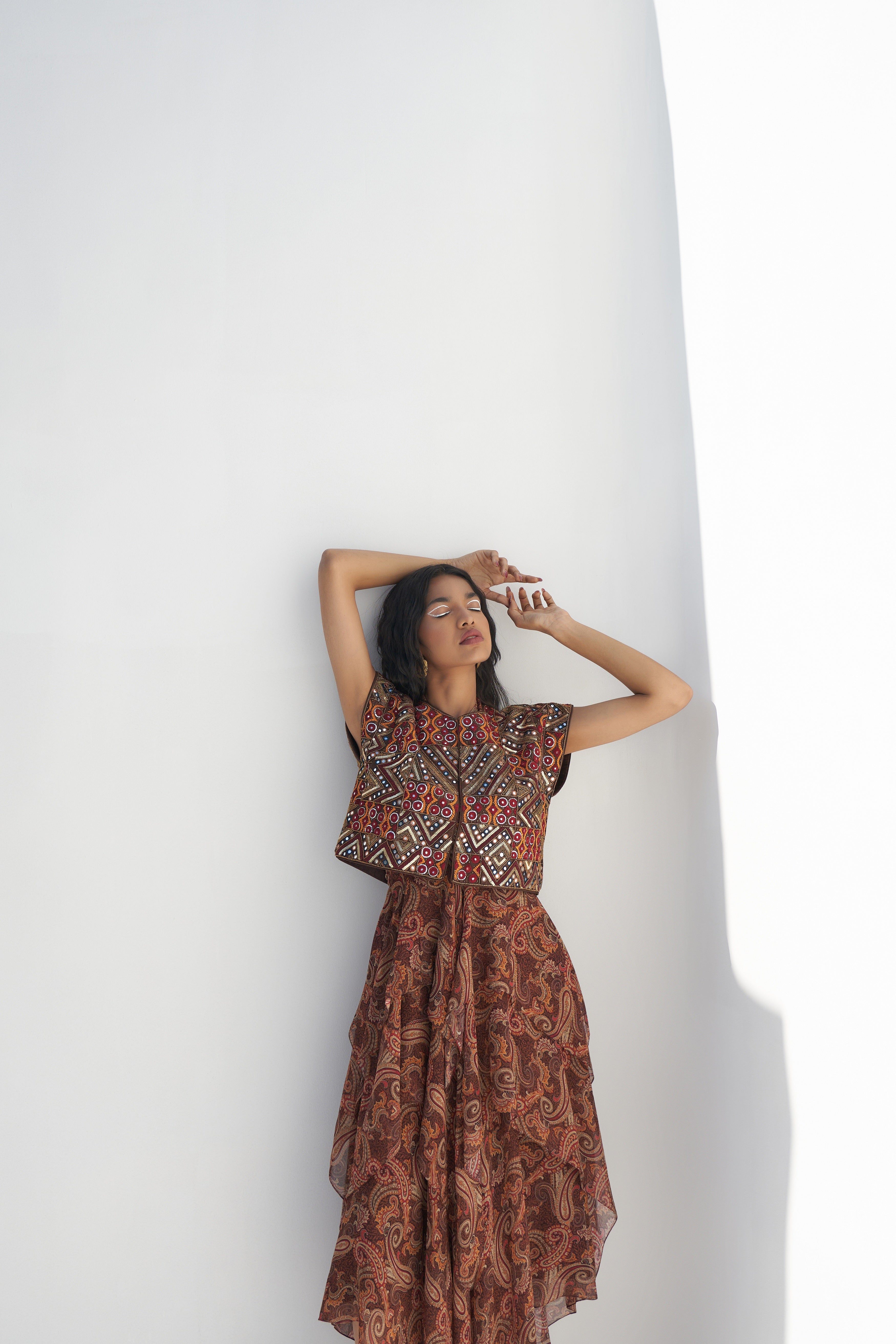 Brown Embroidered Sleeveless Jacket