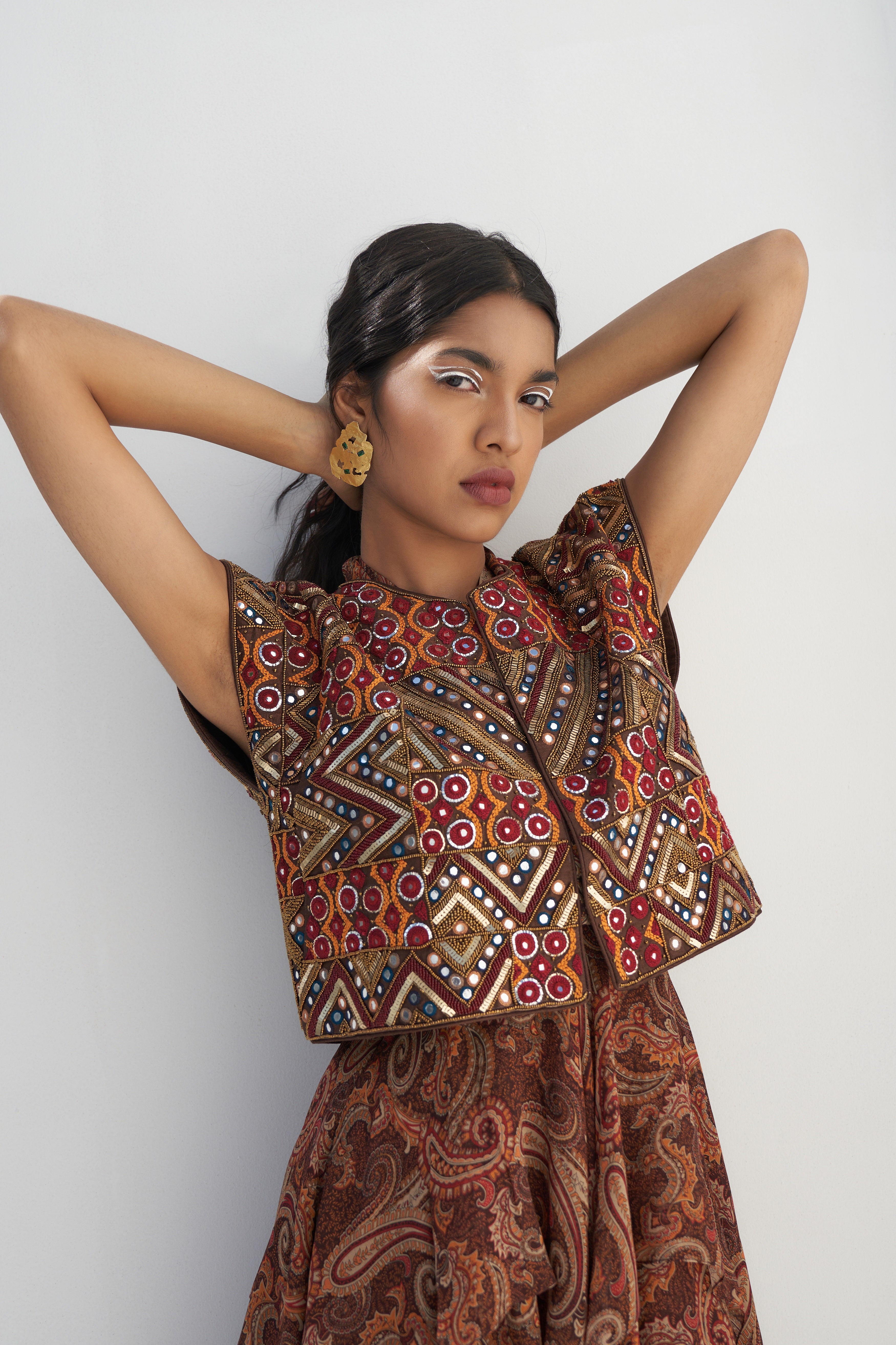 Brown Embroidered Sleeveless Jacket Closeview