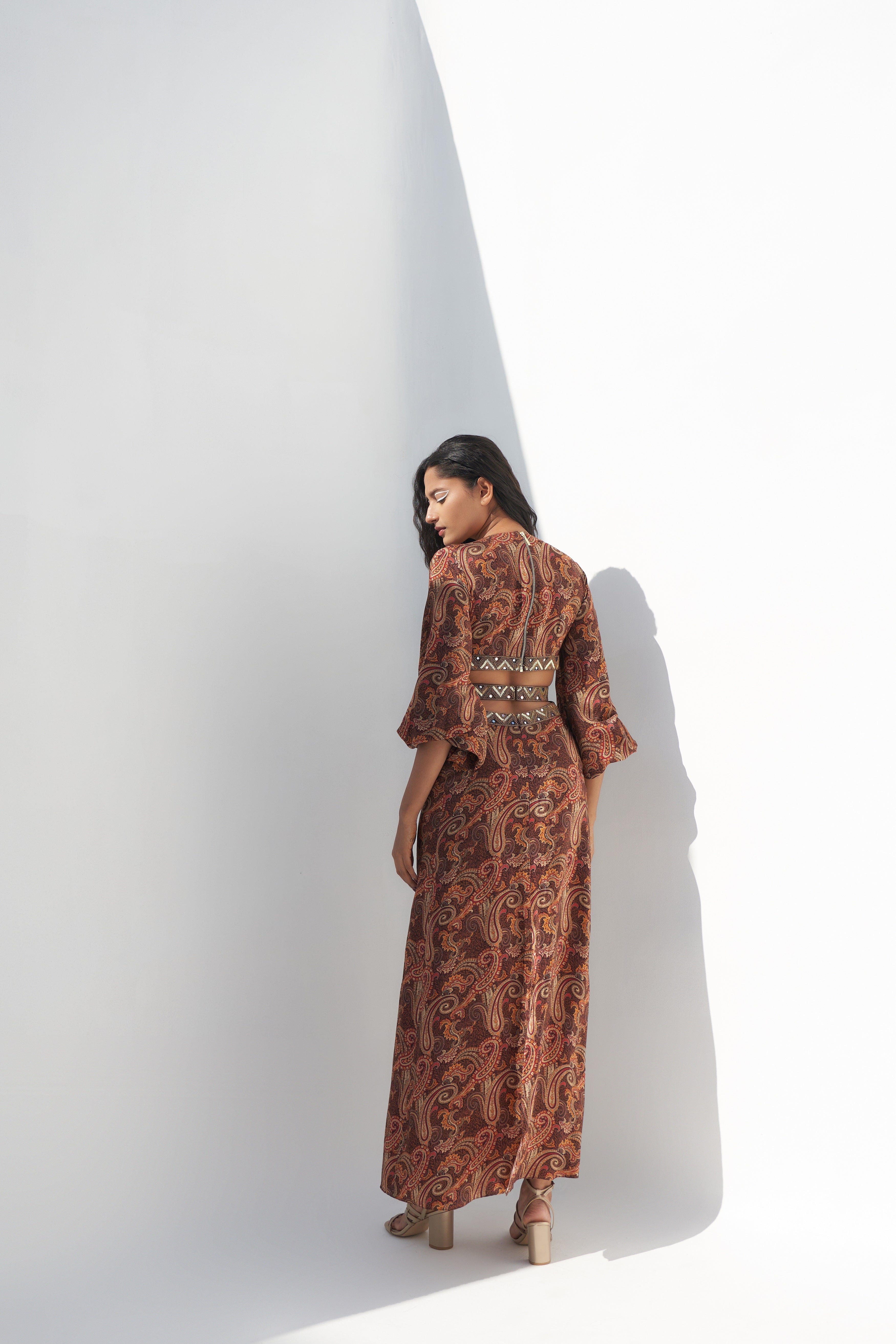 Brown Crepe Paisley Printed Maxi Dress Backview