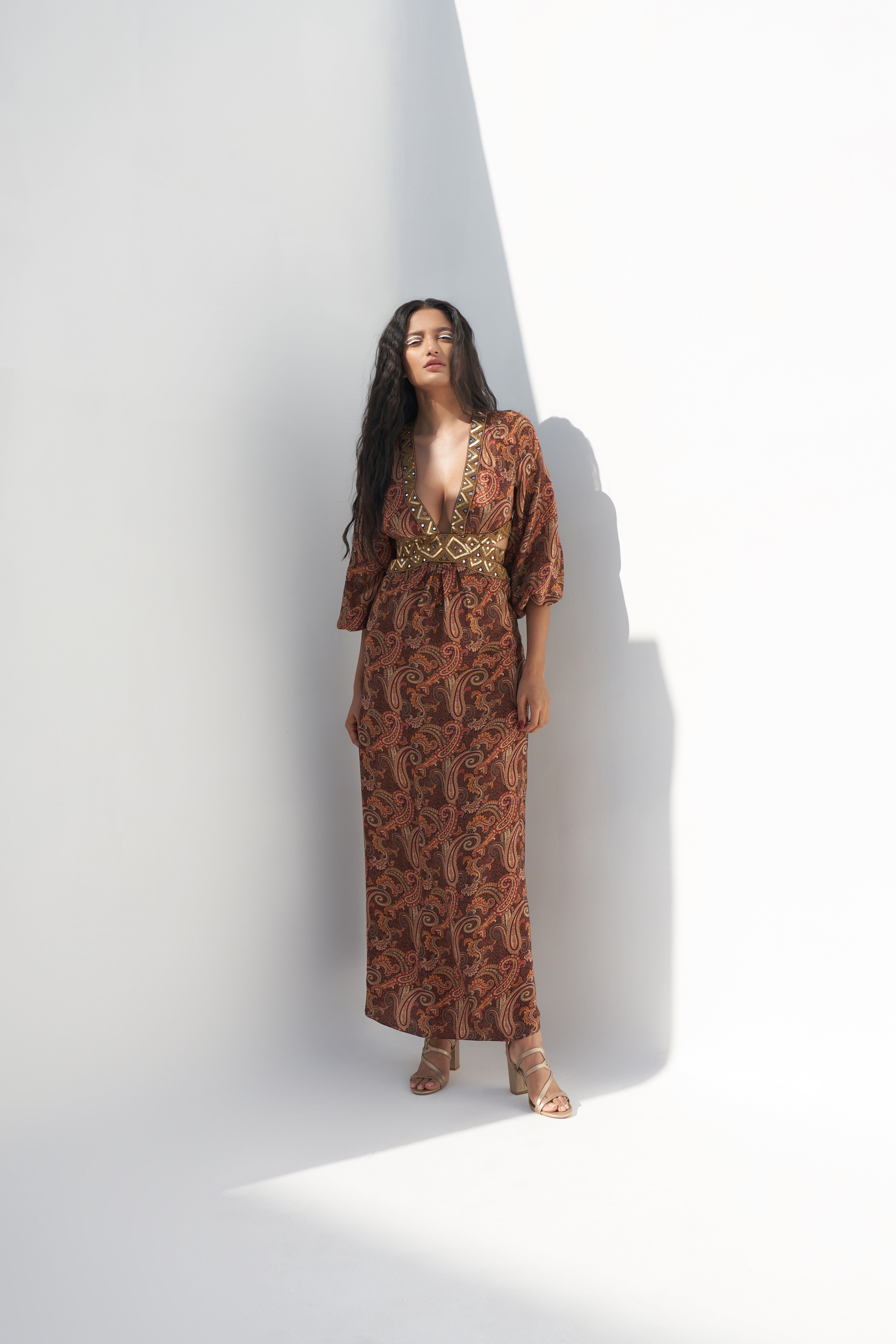 Brown Crepe Paisley Printed Maxi Dress