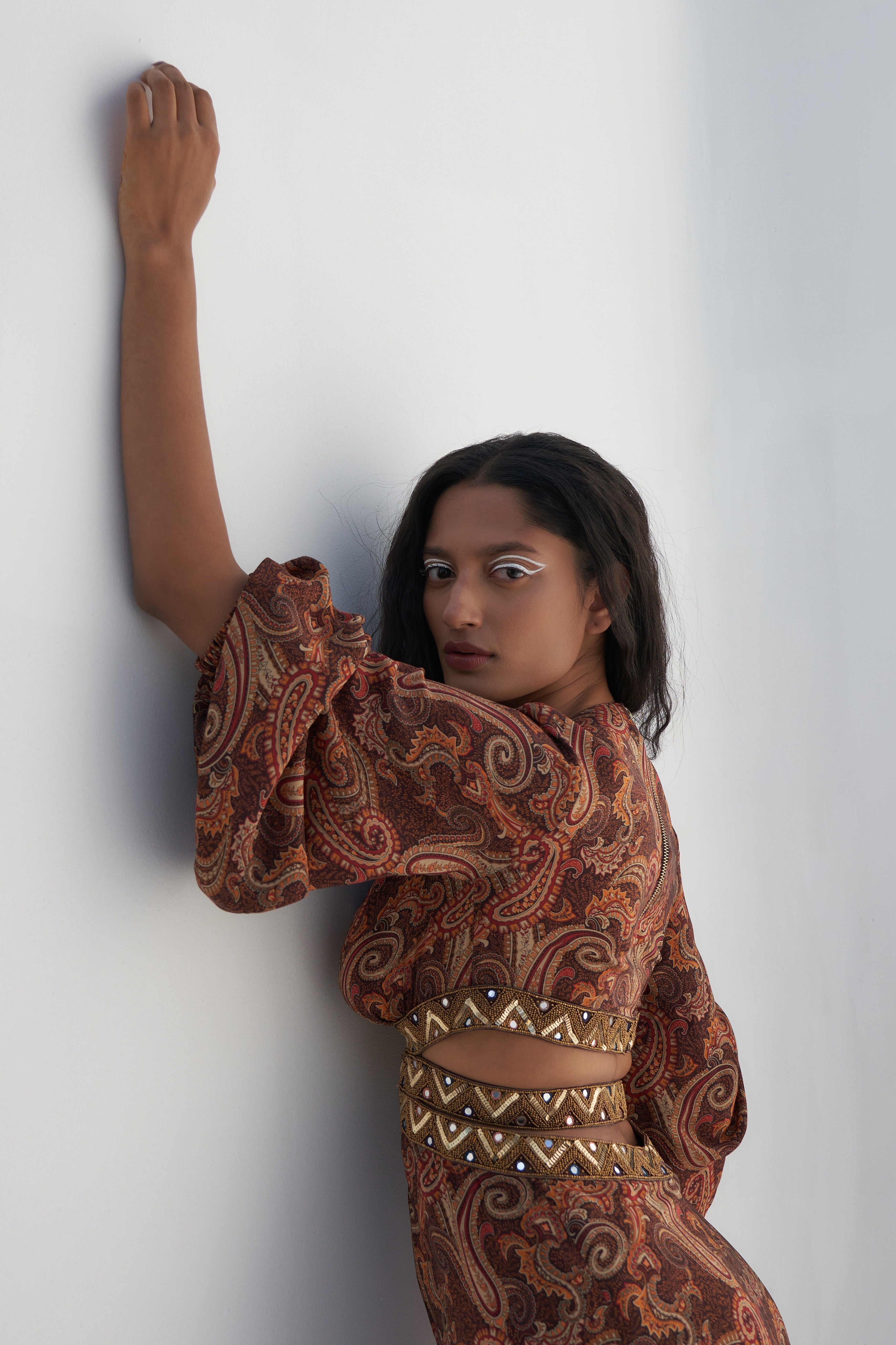 Brown Crepe Paisley Printed Maxi Dress closeview